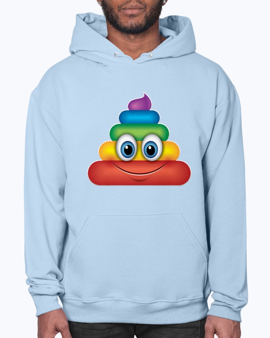 A colorful Rainbow Poop Emoji Hoodie featuring a playful design, made from soft fleece material with a front pouch pocket.