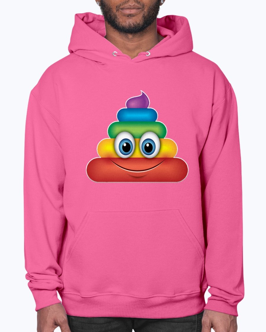 A colorful Rainbow Poop Emoji Hoodie featuring a playful design, made from soft fleece material with a front pouch pocket.