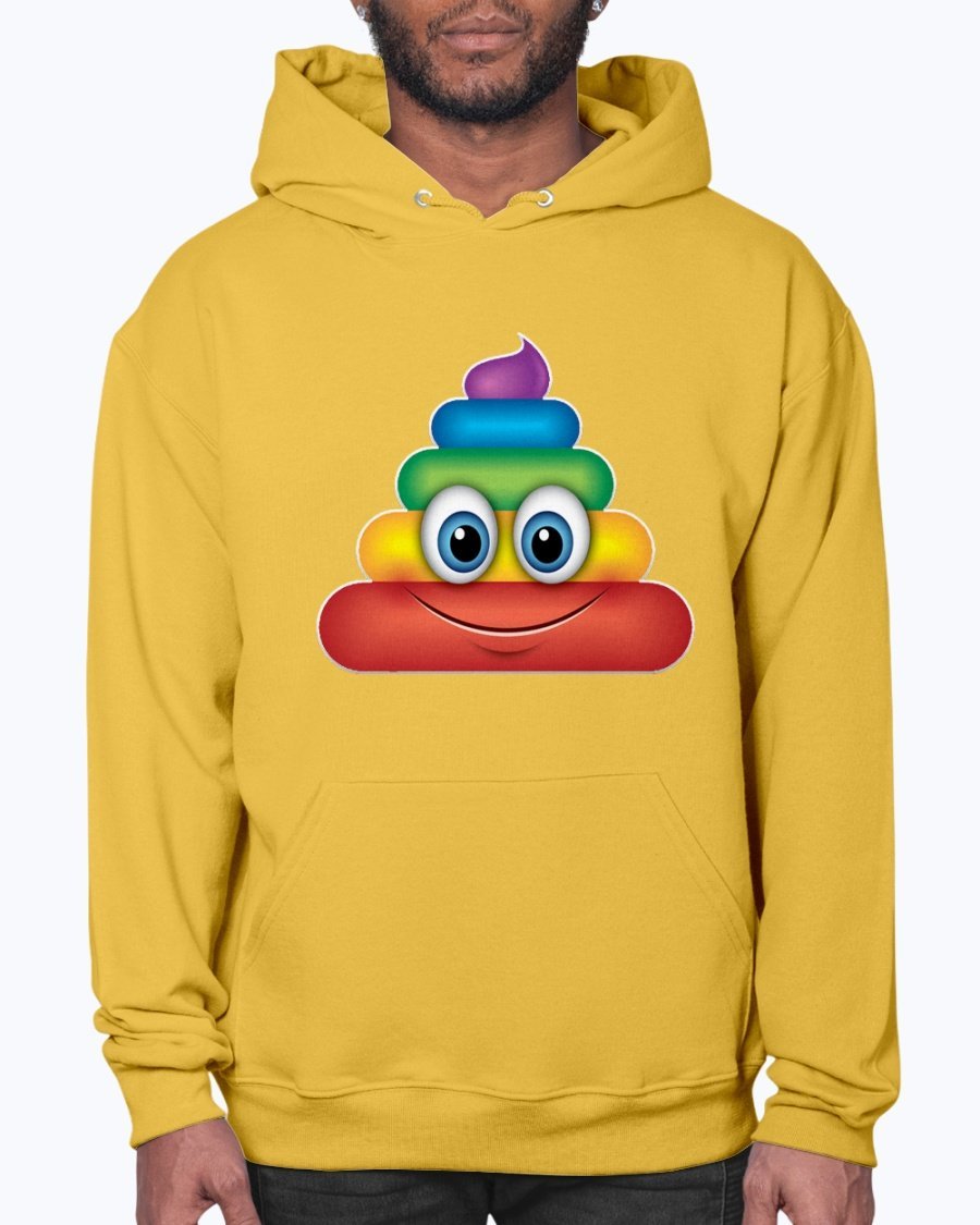 A colorful Rainbow Poop Emoji Hoodie featuring a playful design, made from soft fleece material with a front pouch pocket.