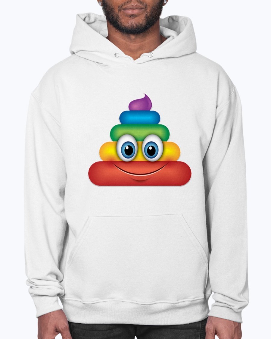 A colorful Rainbow Poop Emoji Hoodie featuring a playful design, made from soft fleece material with a front pouch pocket.