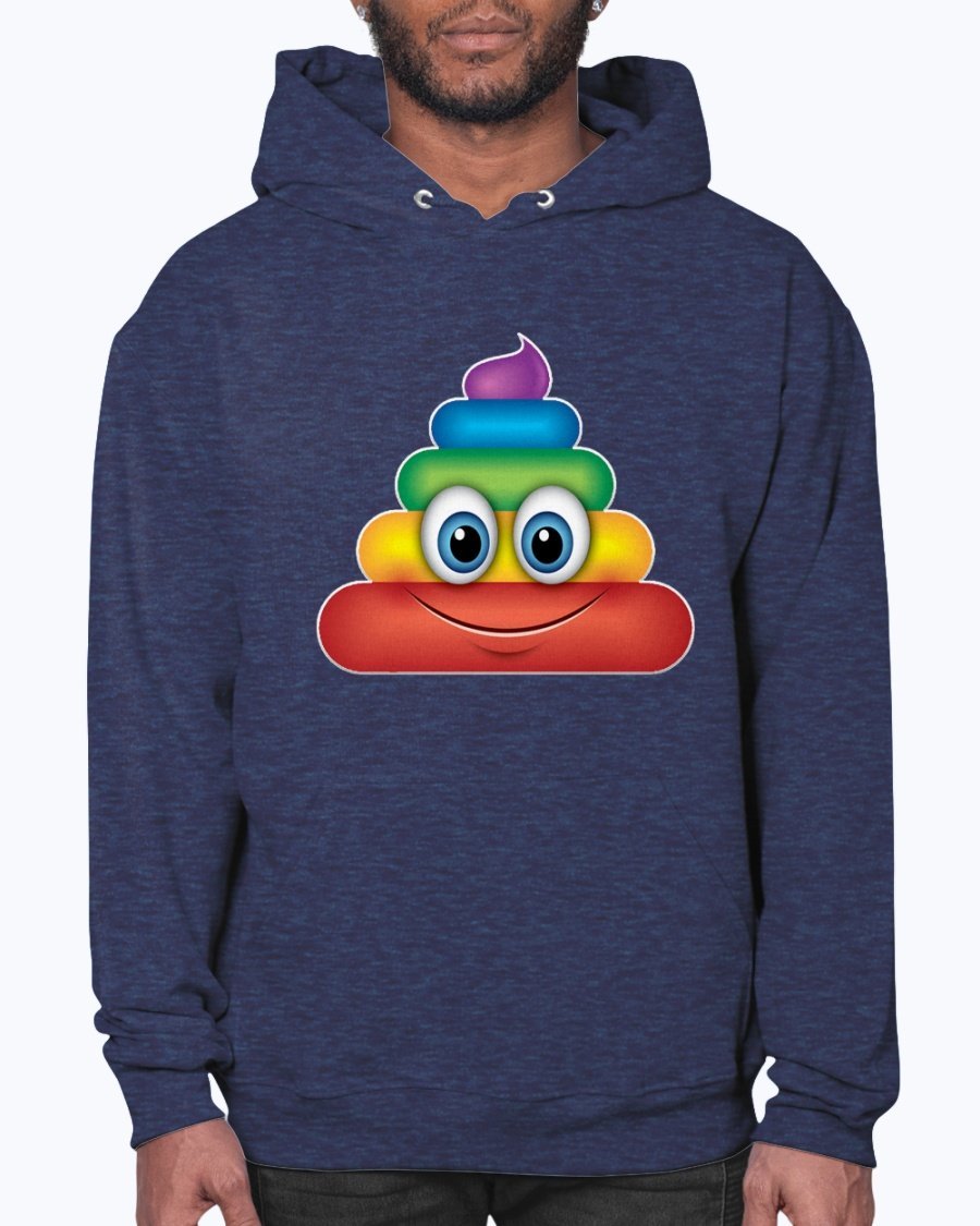 A colorful Rainbow Poop Emoji Hoodie featuring a playful design, made from soft fleece material with a front pouch pocket.