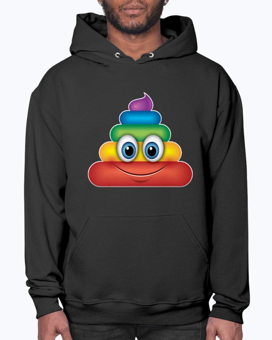 A colorful Rainbow Poop Emoji Hoodie featuring a playful design, made from soft fleece material with a front pouch pocket.