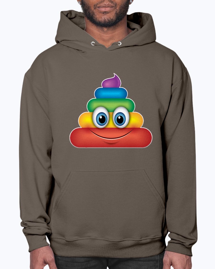 A colorful Rainbow Poop Emoji Hoodie featuring a playful design, made from soft fleece material with a front pouch pocket.