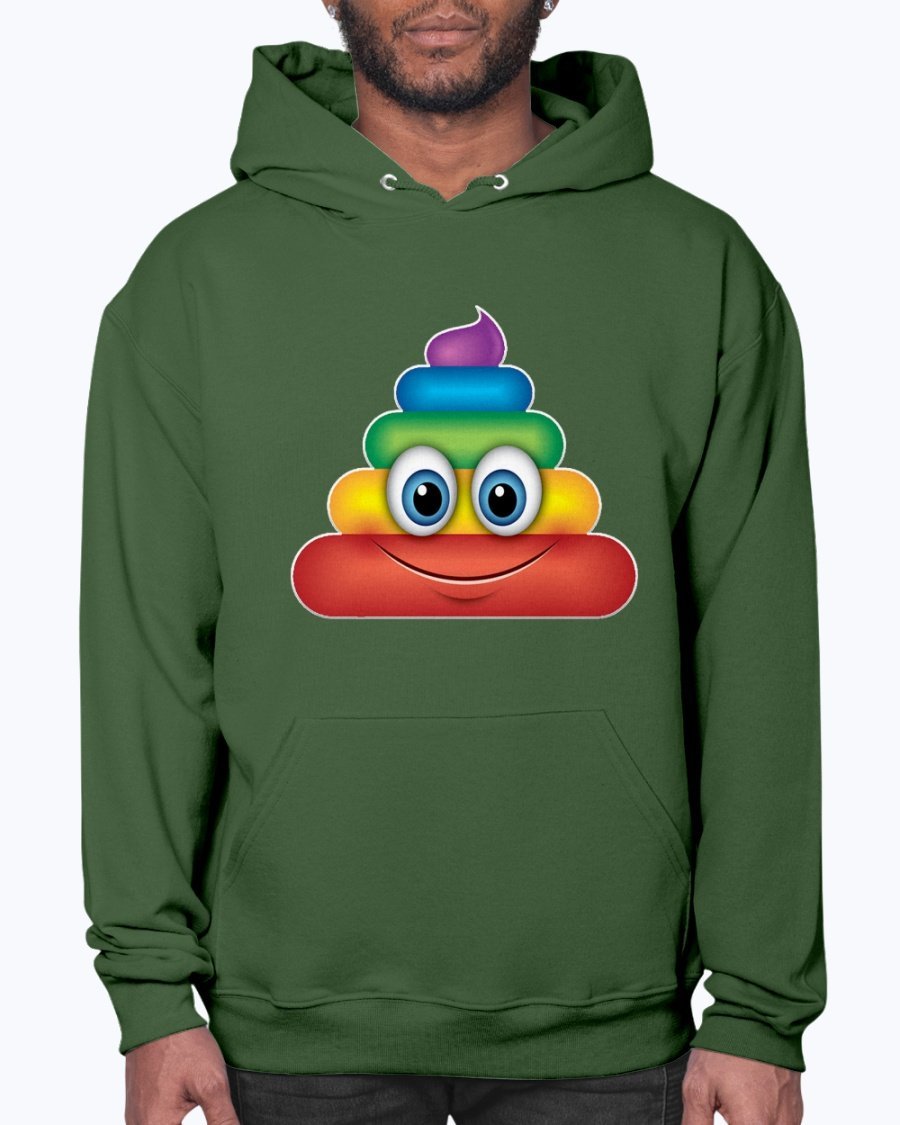 A colorful Rainbow Poop Emoji Hoodie featuring a playful design, made from soft fleece material with a front pouch pocket.