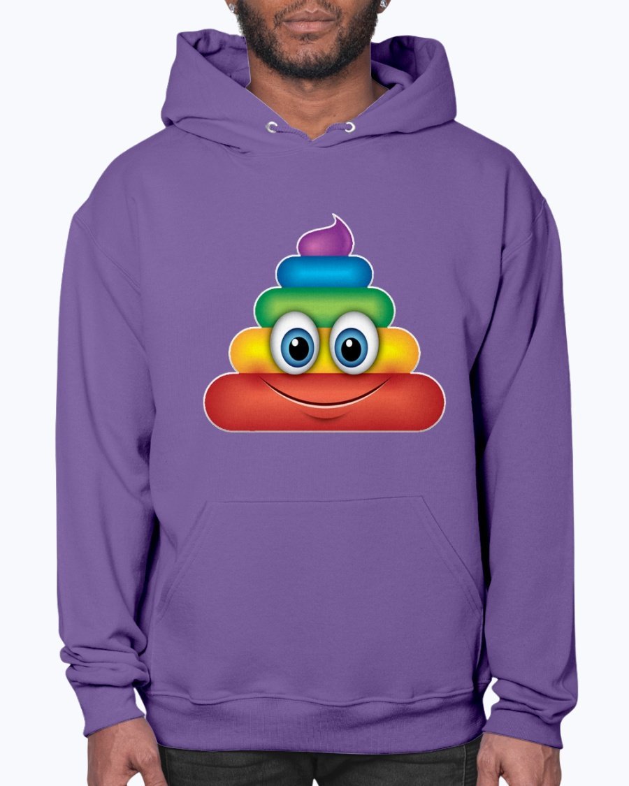 A colorful Rainbow Poop Emoji Hoodie featuring a playful design, made from soft fleece material with a front pouch pocket.