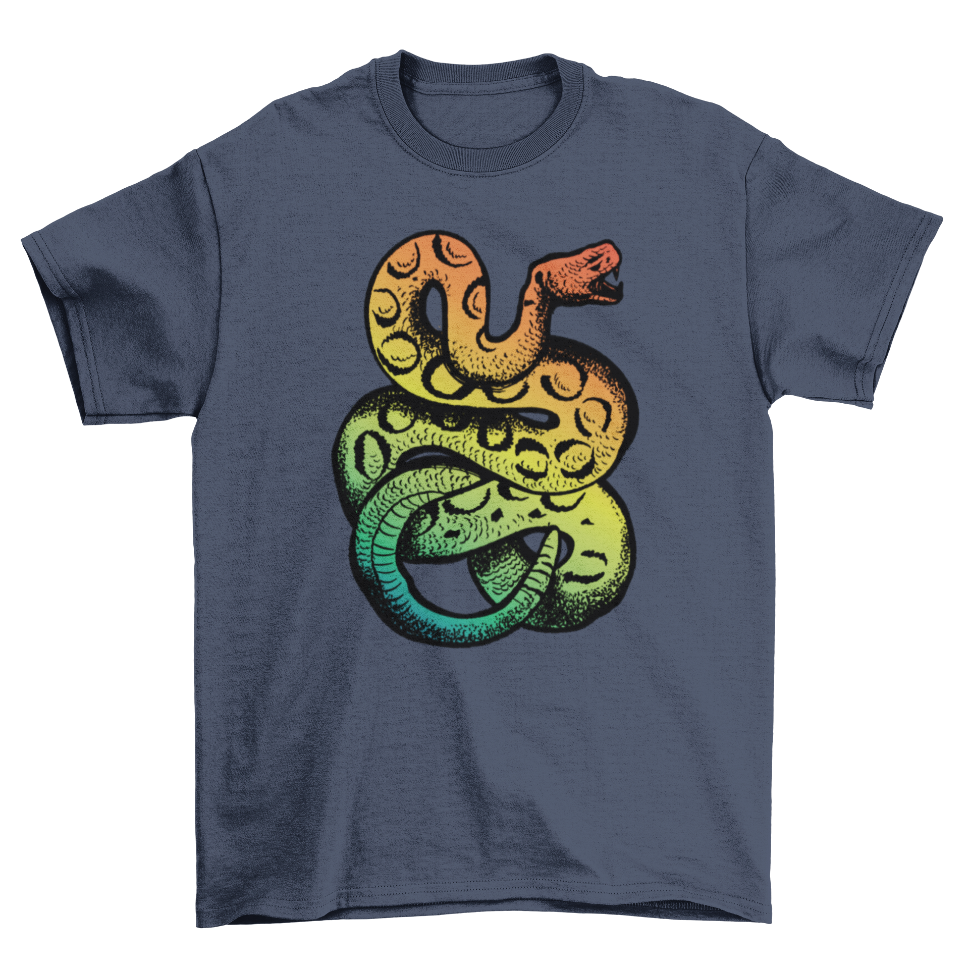 A colorful t-shirt featuring a vibrant rainbow rattlesnake design, perfect for casual wear.