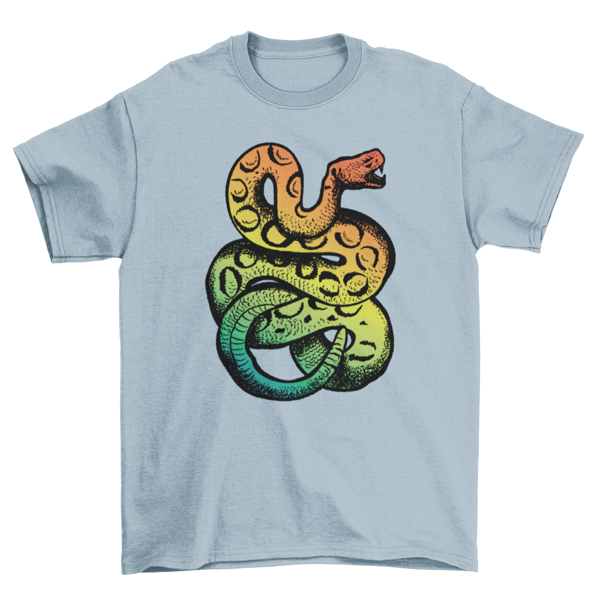 A colorful t-shirt featuring a vibrant rainbow rattlesnake design, perfect for casual wear.