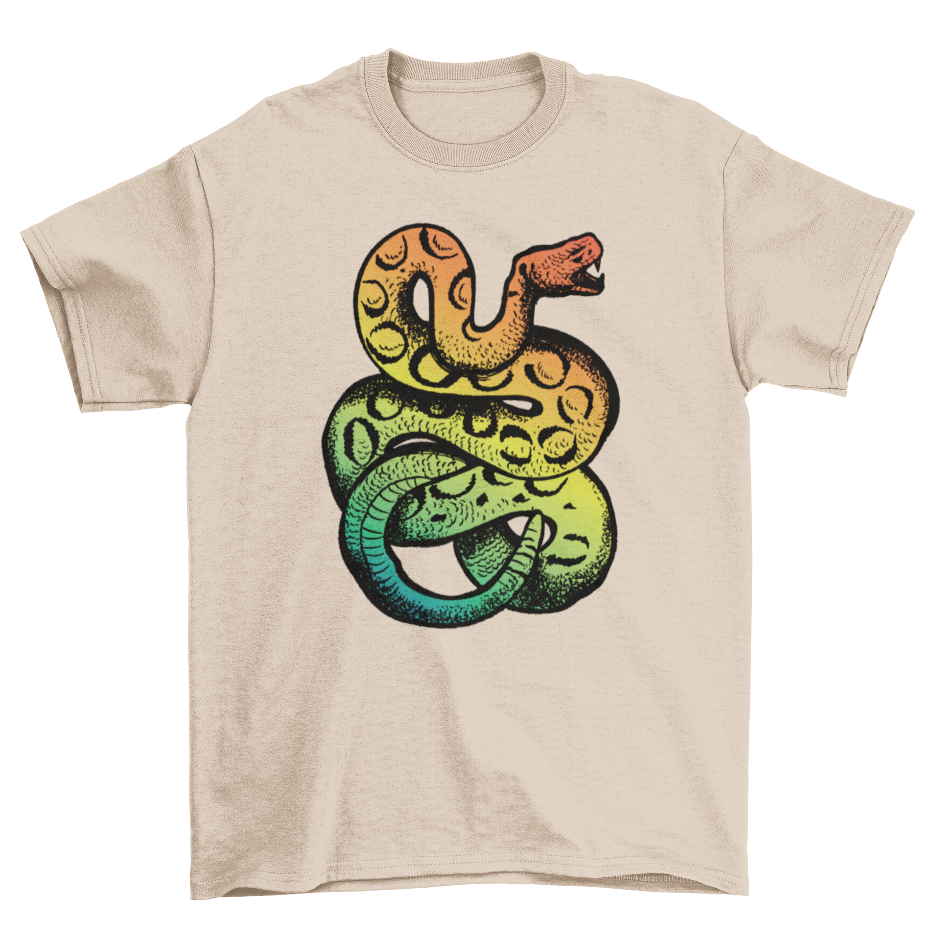 A colorful t-shirt featuring a vibrant rainbow rattlesnake design, perfect for casual wear.