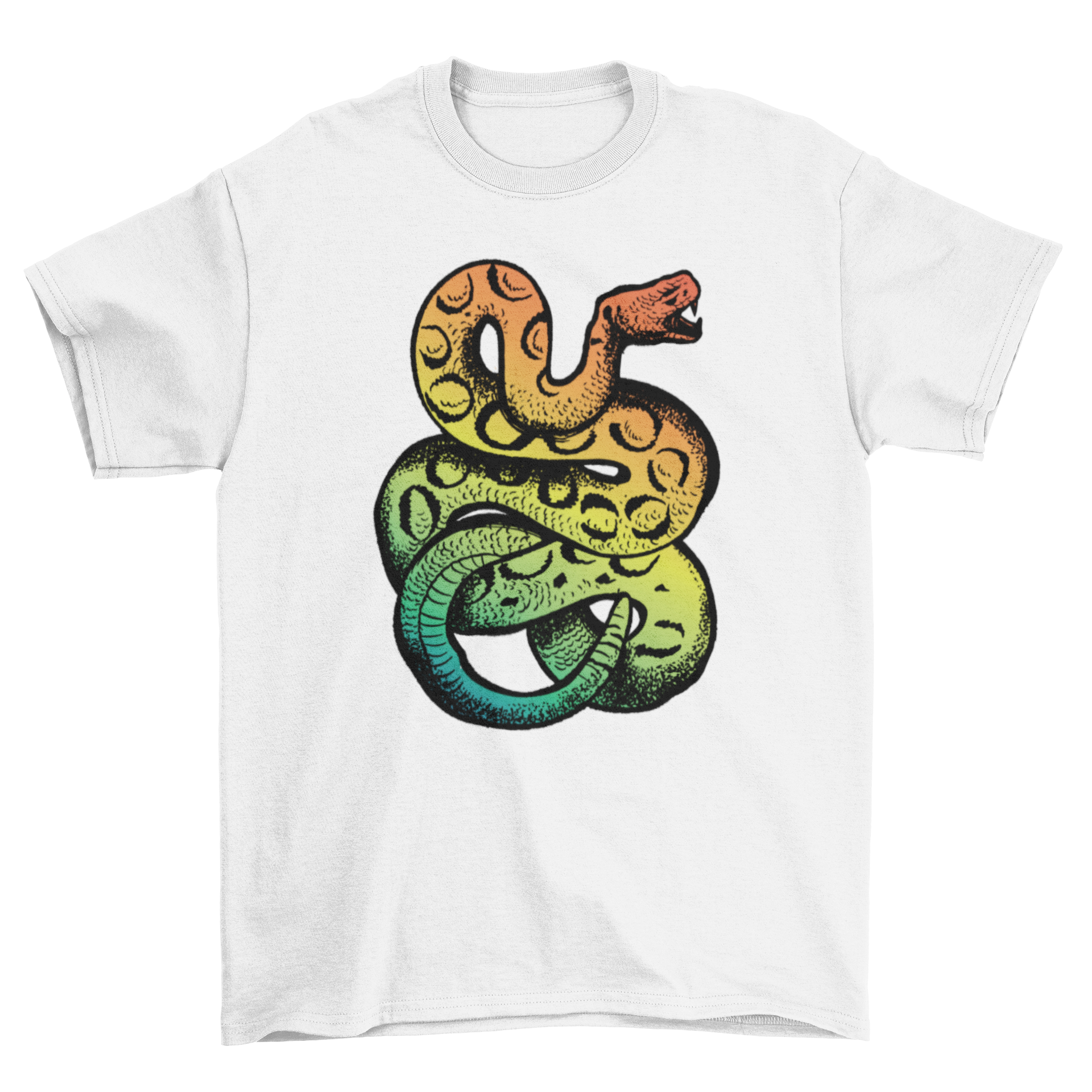 A colorful t-shirt featuring a vibrant rainbow rattlesnake design, perfect for casual wear.