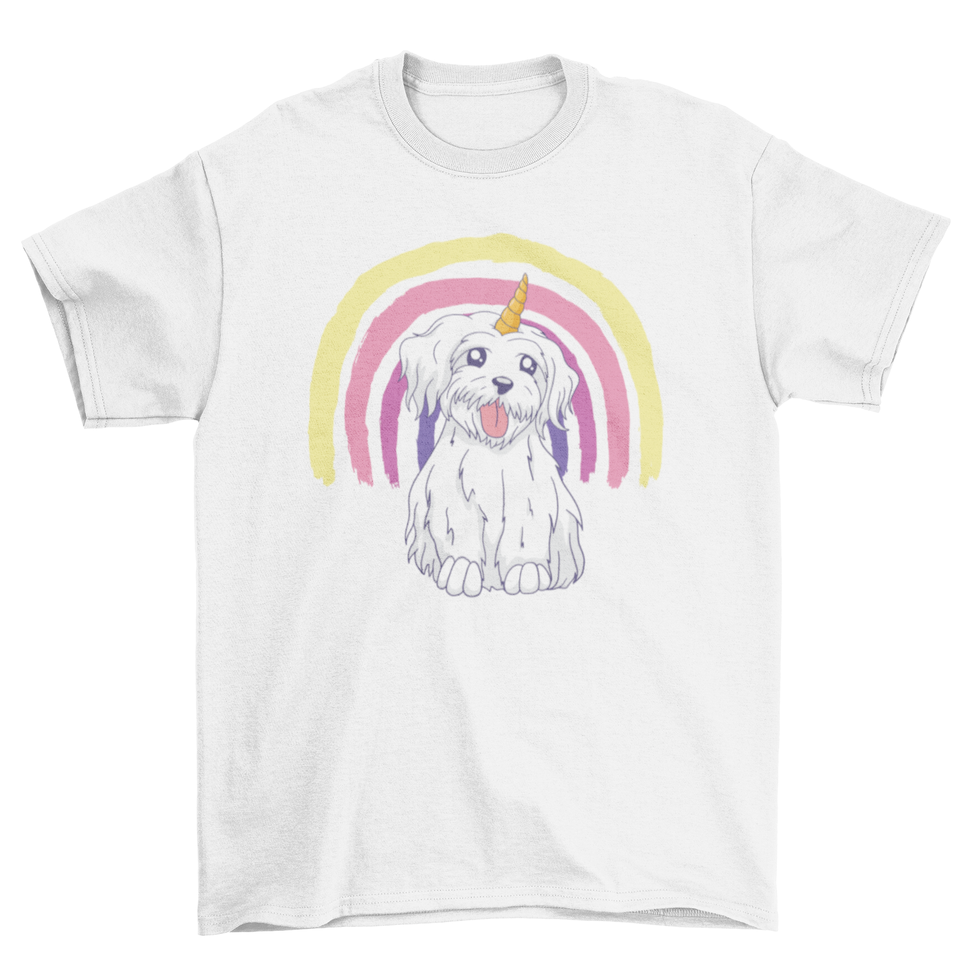 A colorful dog t-shirt featuring a cute dog with a unicorn horn and a vibrant rainbow design, perfect for stylish pets.