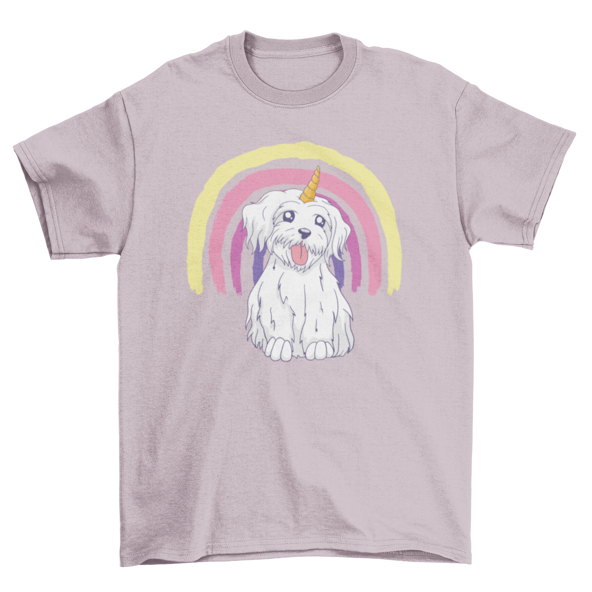 A colorful dog t-shirt featuring a cute dog with a unicorn horn and a vibrant rainbow design, perfect for stylish pets.