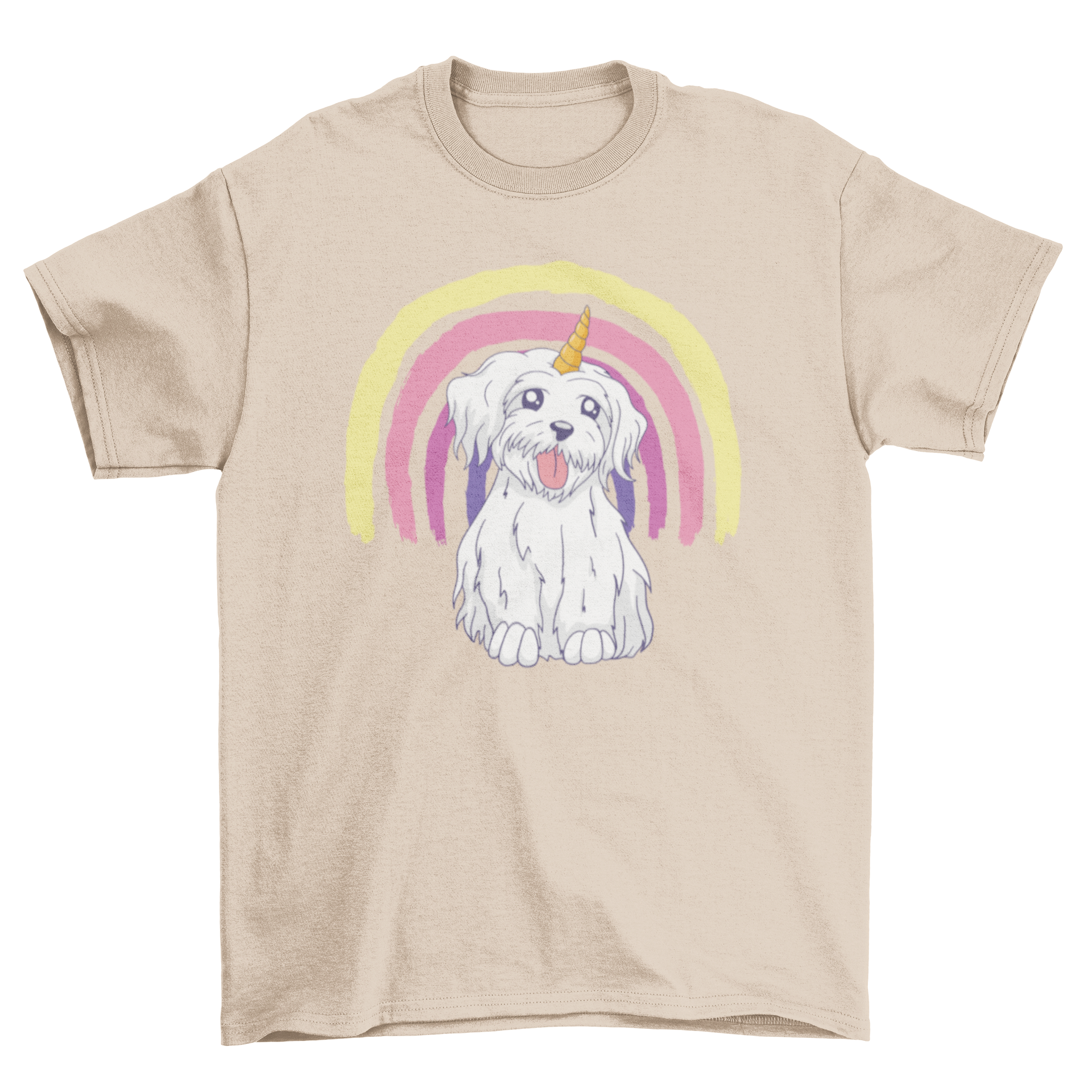 A colorful dog t-shirt featuring a cute dog with a unicorn horn and a vibrant rainbow design, perfect for stylish pets.