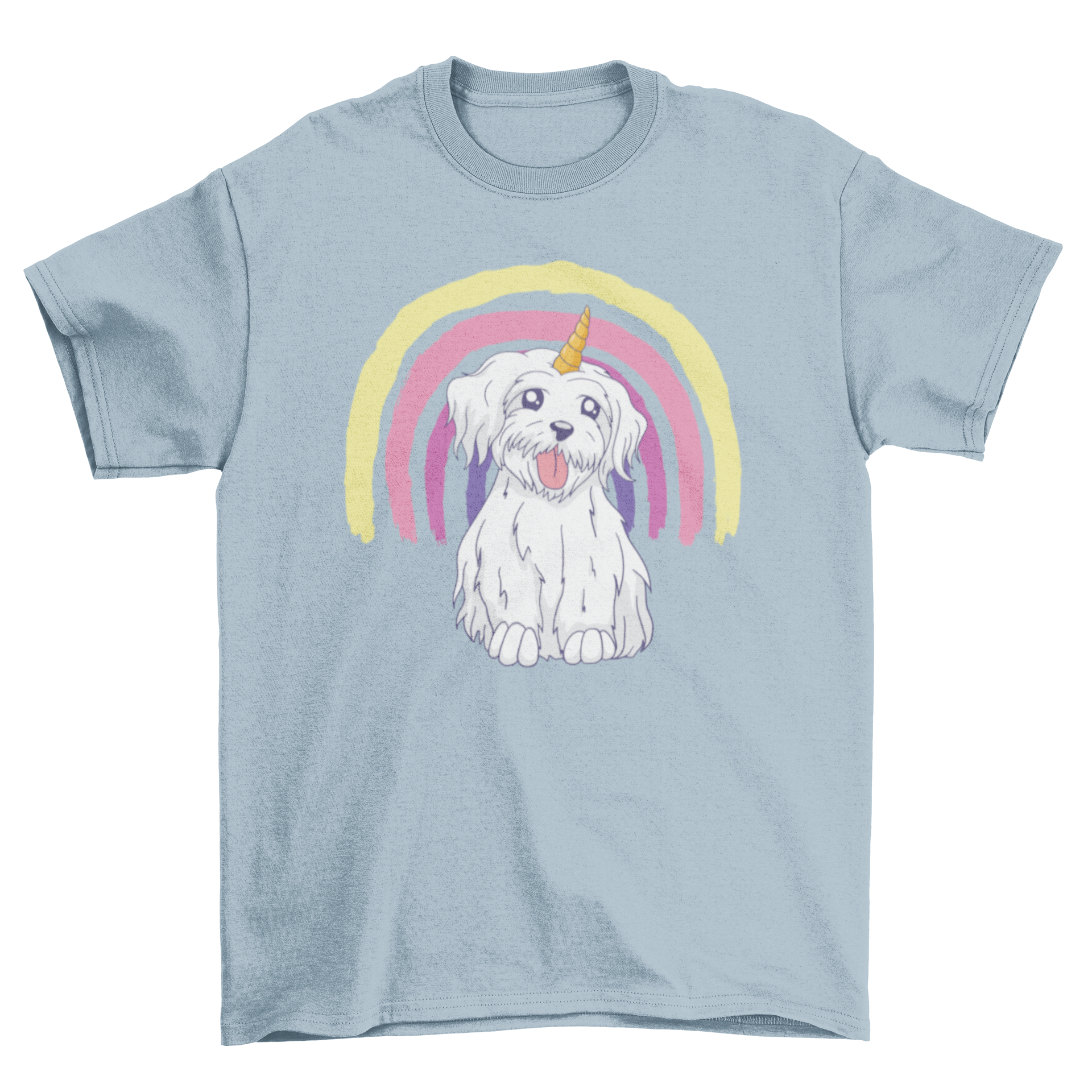 A colorful dog t-shirt featuring a cute dog with a unicorn horn and a vibrant rainbow design, perfect for stylish pets.