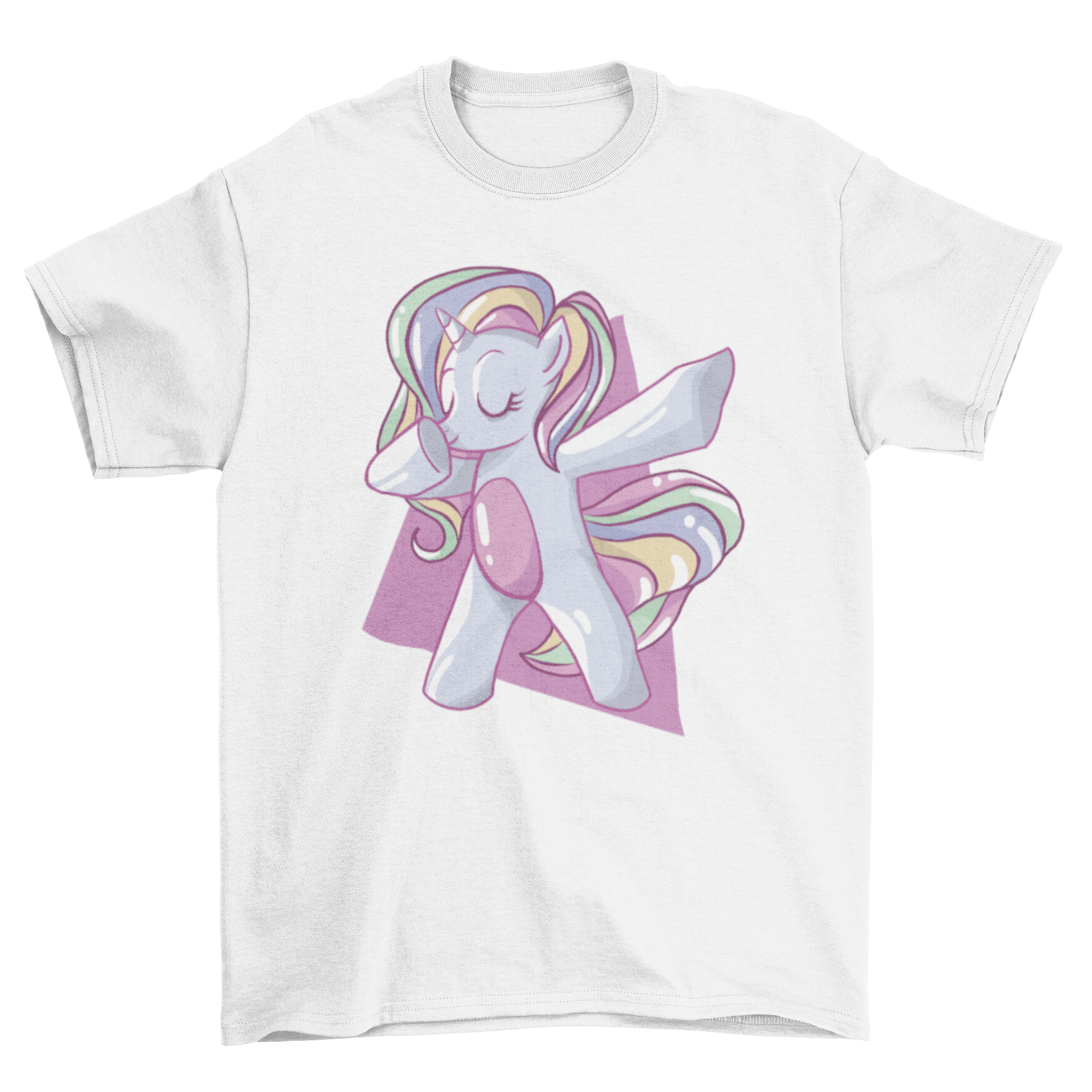 A colorful t-shirt featuring a rainbow unicorn dabbing, showcasing vibrant colors and a playful design.