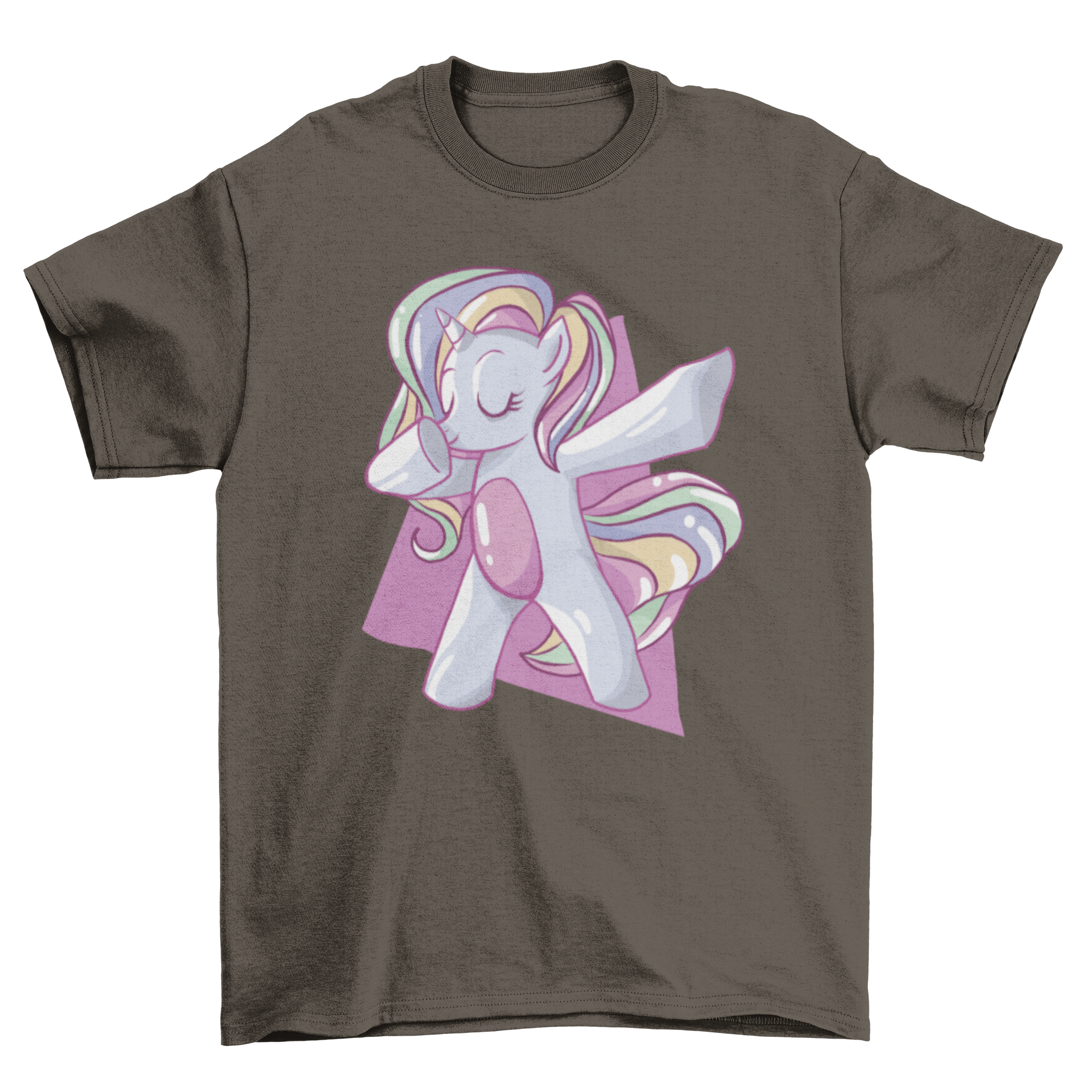 A colorful t-shirt featuring a rainbow unicorn dabbing, showcasing vibrant colors and a playful design.