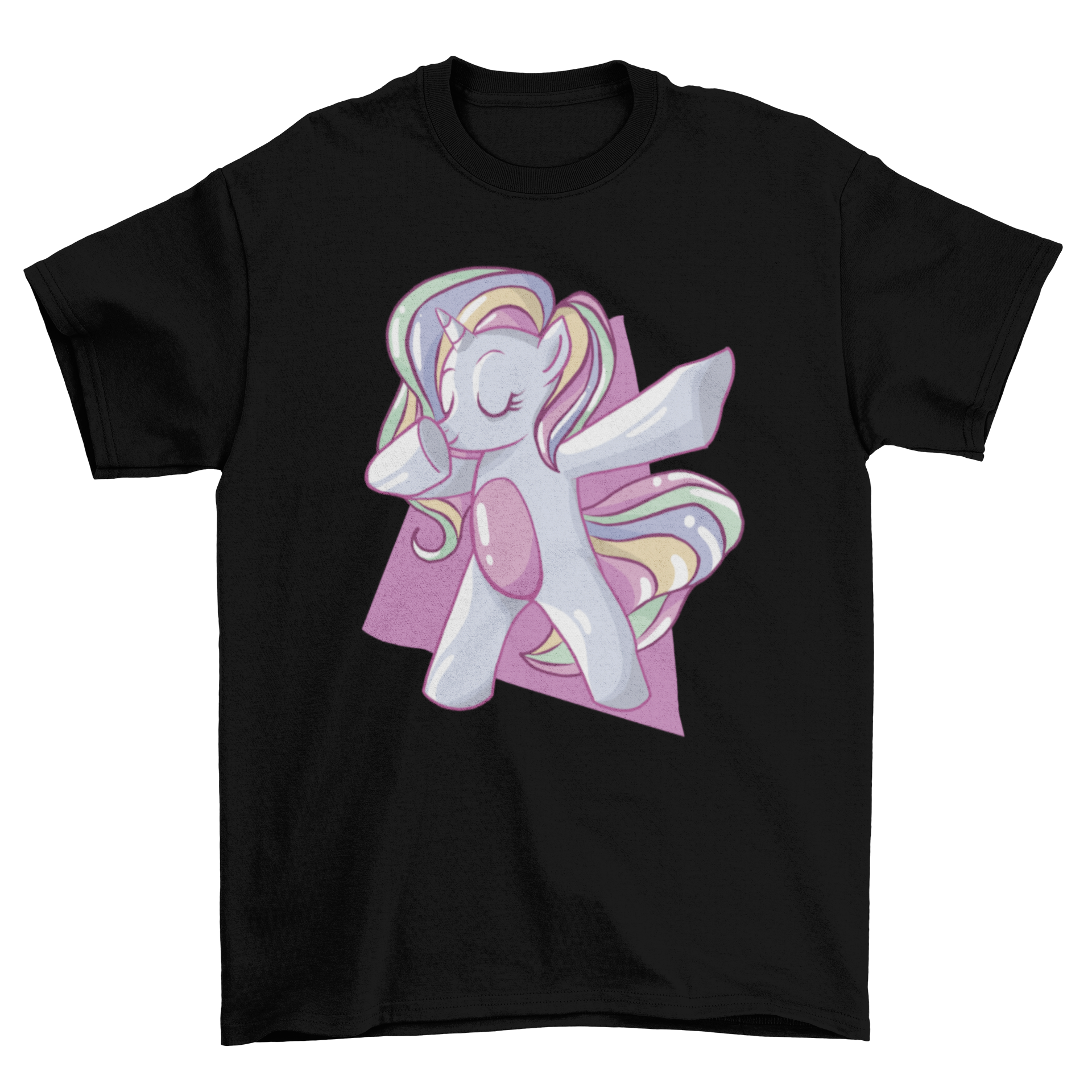 A colorful t-shirt featuring a rainbow unicorn dabbing, showcasing vibrant colors and a playful design.