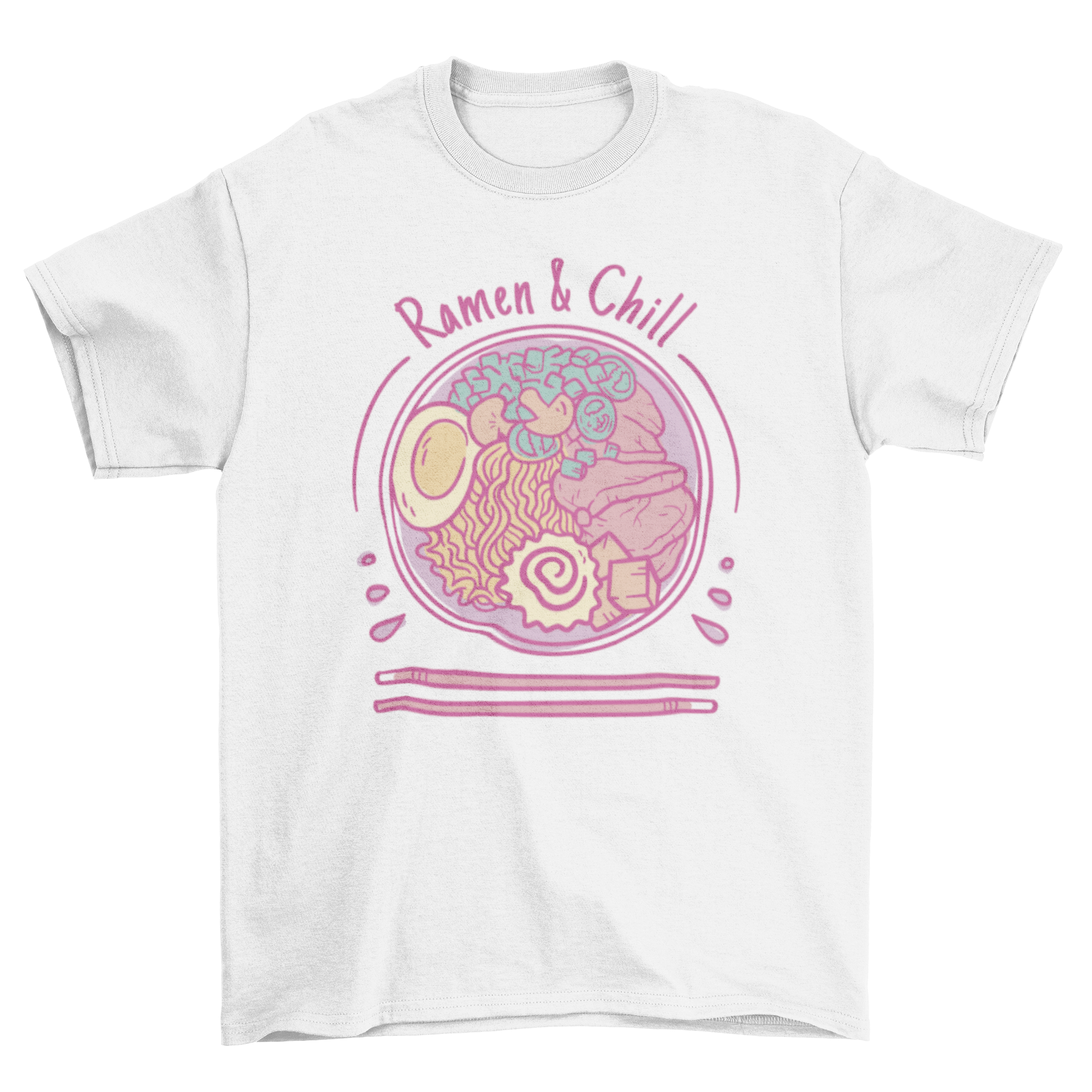 Ramen and Chill t-shirt featuring a pink bowl of ramen and the quote 'Ramen & chill'.