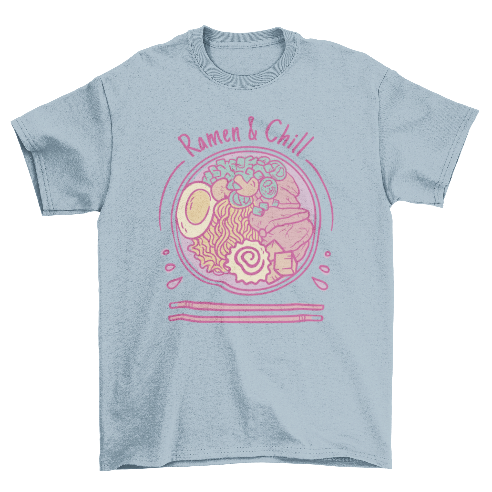 Ramen and Chill t-shirt featuring a pink bowl of ramen and the quote 'Ramen & chill'.