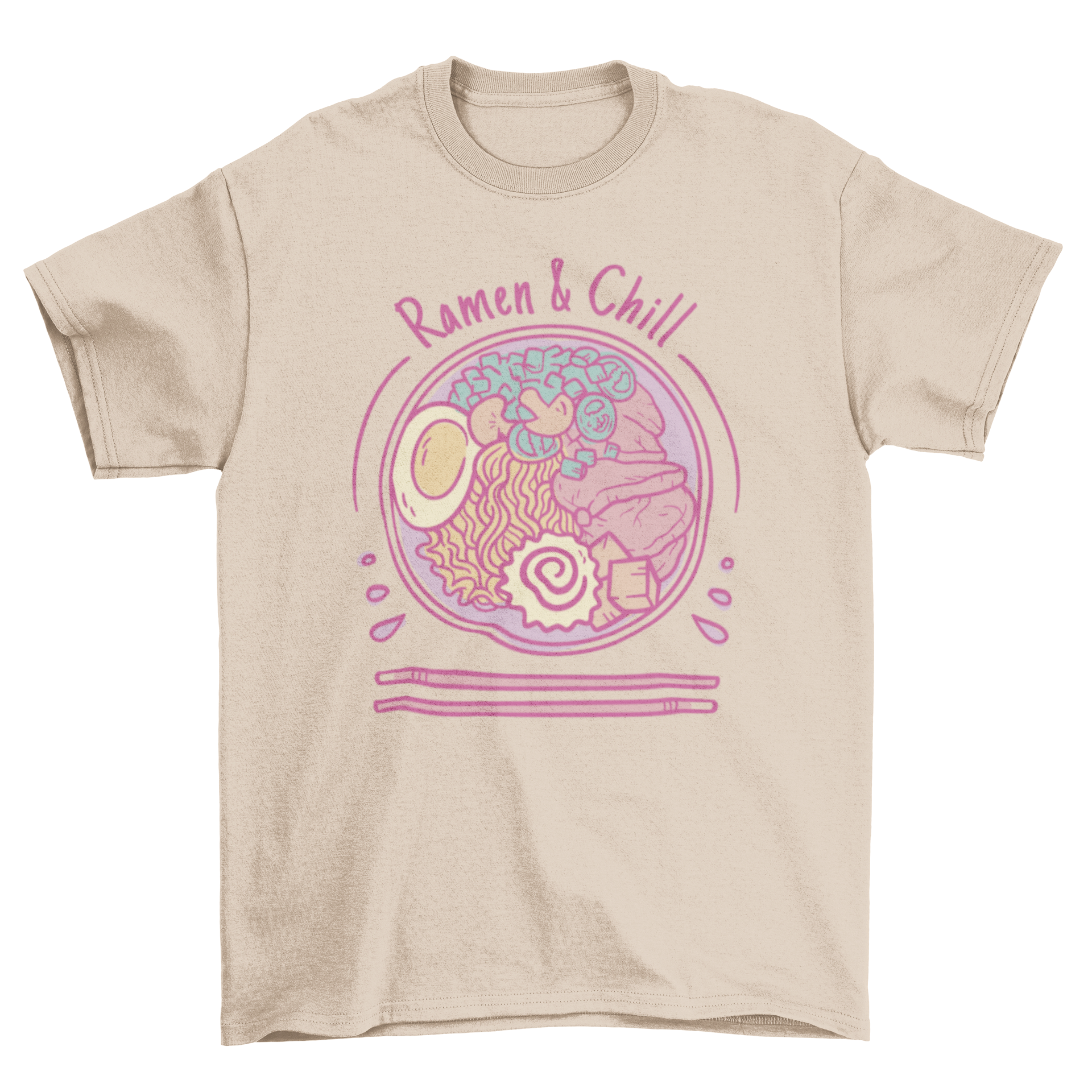 Ramen and Chill t-shirt featuring a pink bowl of ramen and the quote 'Ramen & chill'.