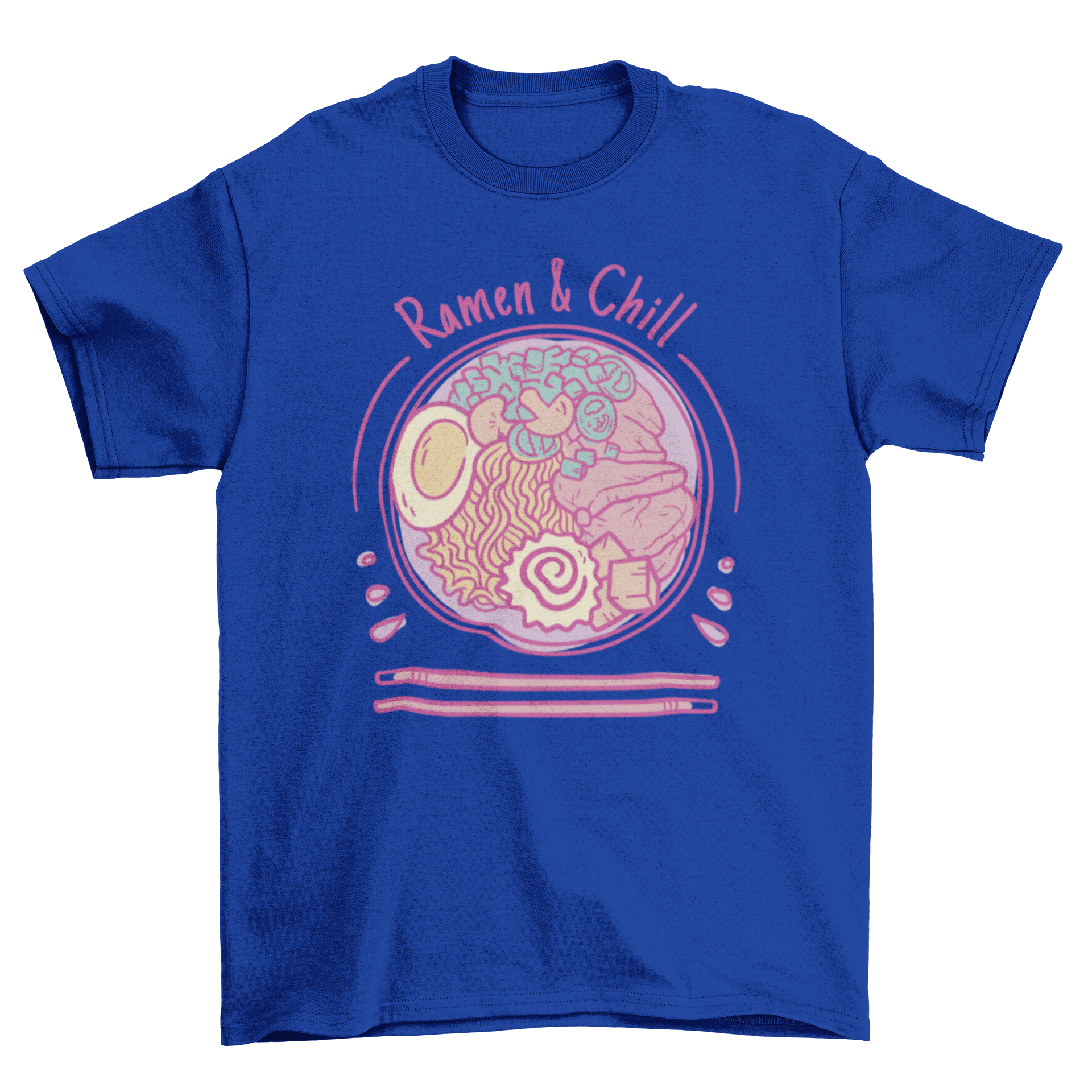 Ramen and Chill t-shirt featuring a pink bowl of ramen and the quote 'Ramen & chill'.