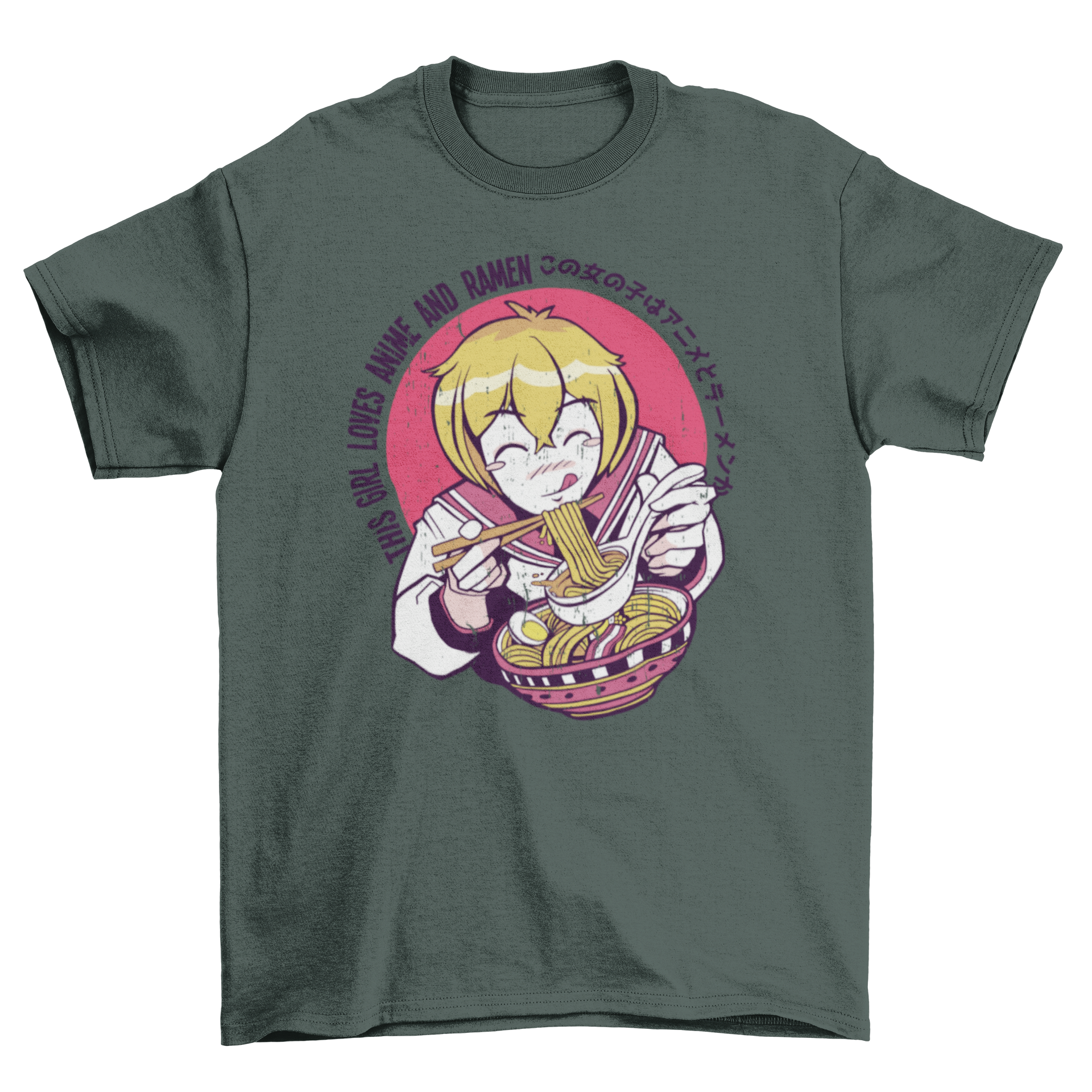 A stylish t-shirt featuring an anime girl happily eating ramen, showcasing vibrant colors and a fun design.