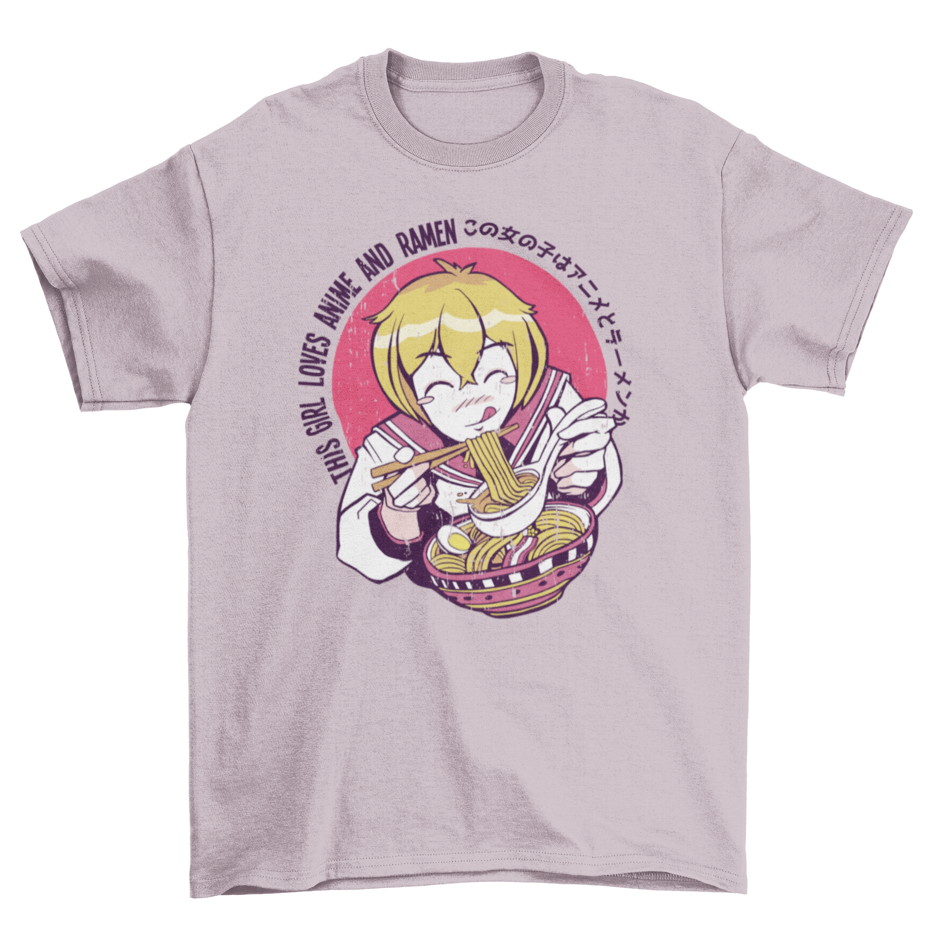 A stylish t-shirt featuring an anime girl happily eating ramen, showcasing vibrant colors and a fun design.