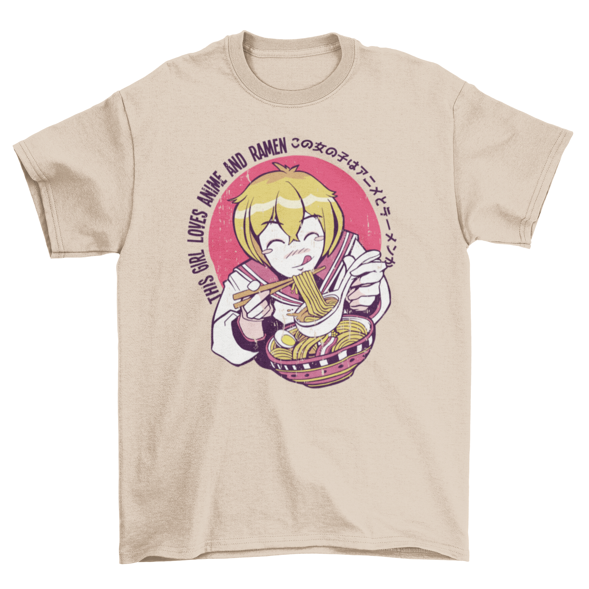 A stylish t-shirt featuring an anime girl happily eating ramen, showcasing vibrant colors and a fun design.