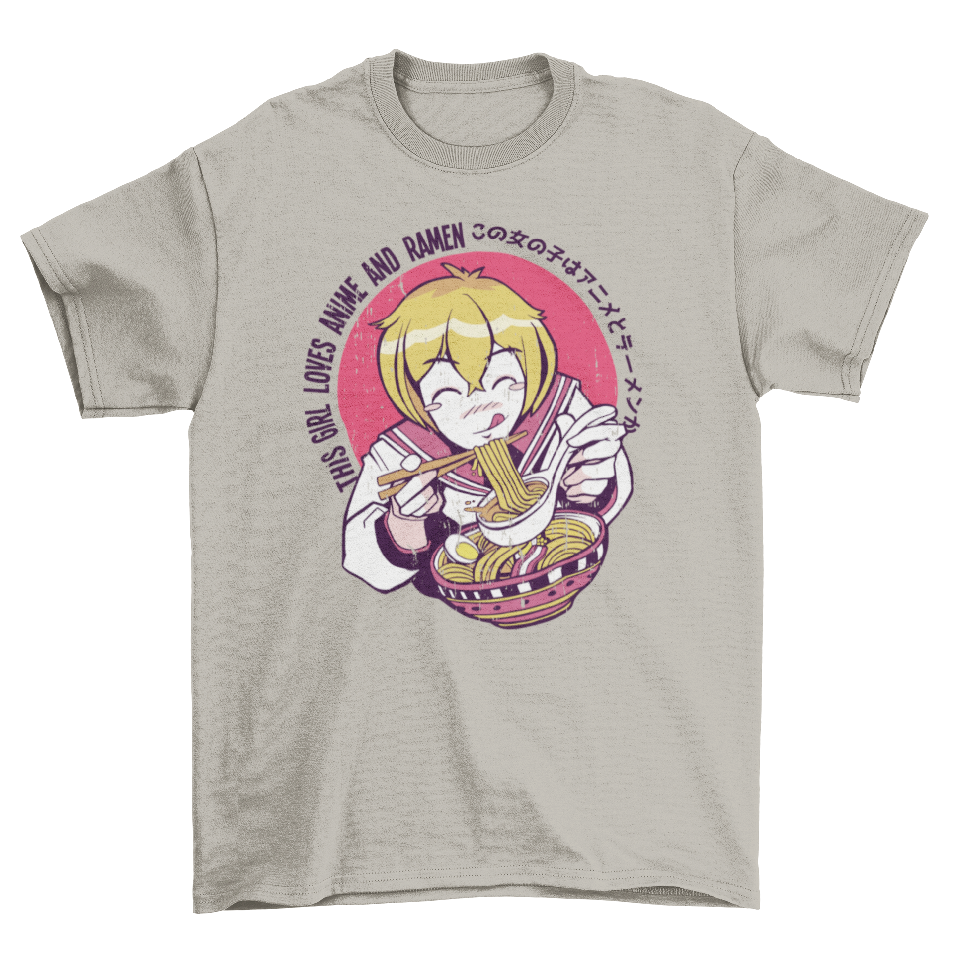 A stylish t-shirt featuring an anime girl happily eating ramen, showcasing vibrant colors and a fun design.