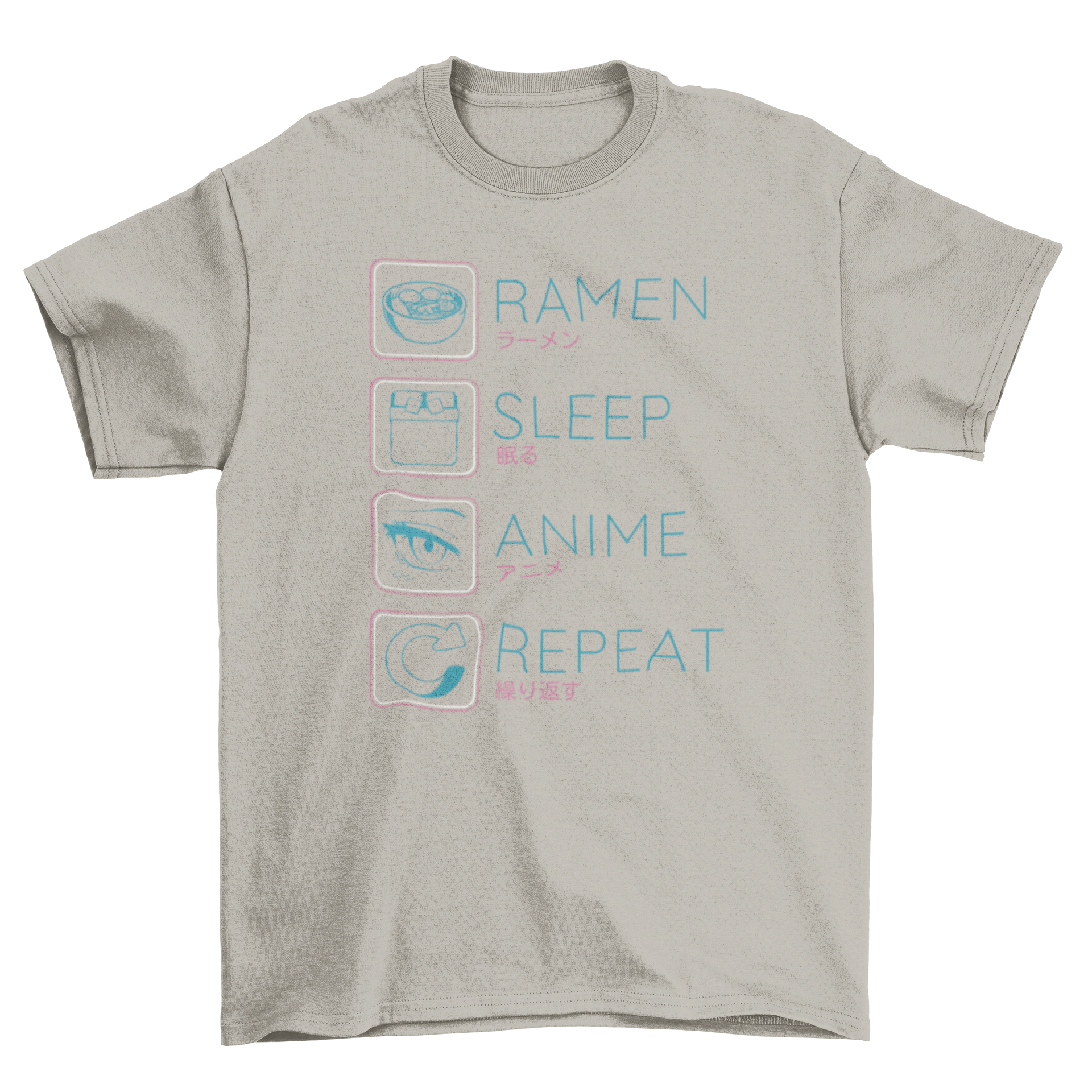 A stylish t-shirt featuring a fun design with the text 'Ramen, sleep, anime, repeat' in vibrant colors.