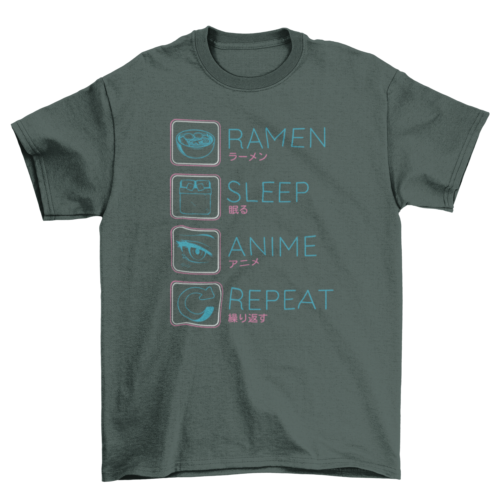 A stylish t-shirt featuring a fun design with the text 'Ramen, sleep, anime, repeat' in vibrant colors.