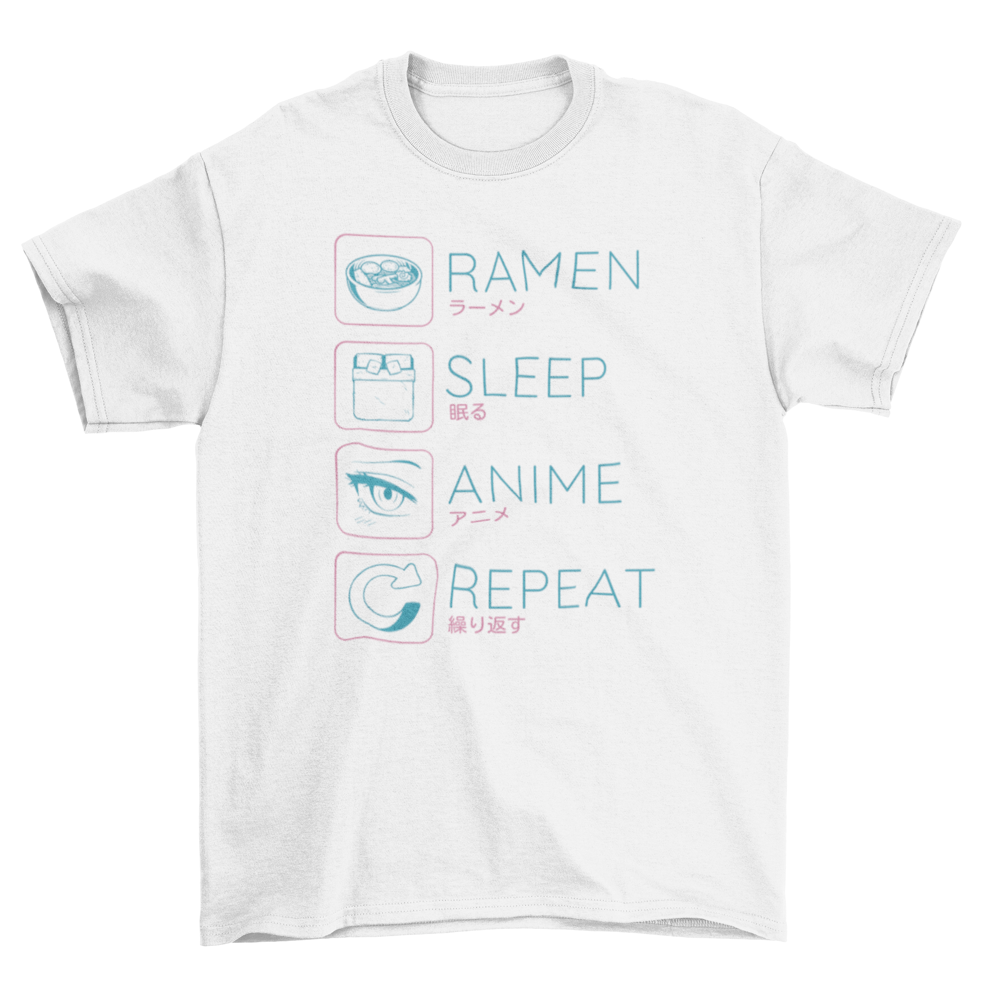 A stylish t-shirt featuring a fun design with the text 'Ramen, sleep, anime, repeat' in vibrant colors.