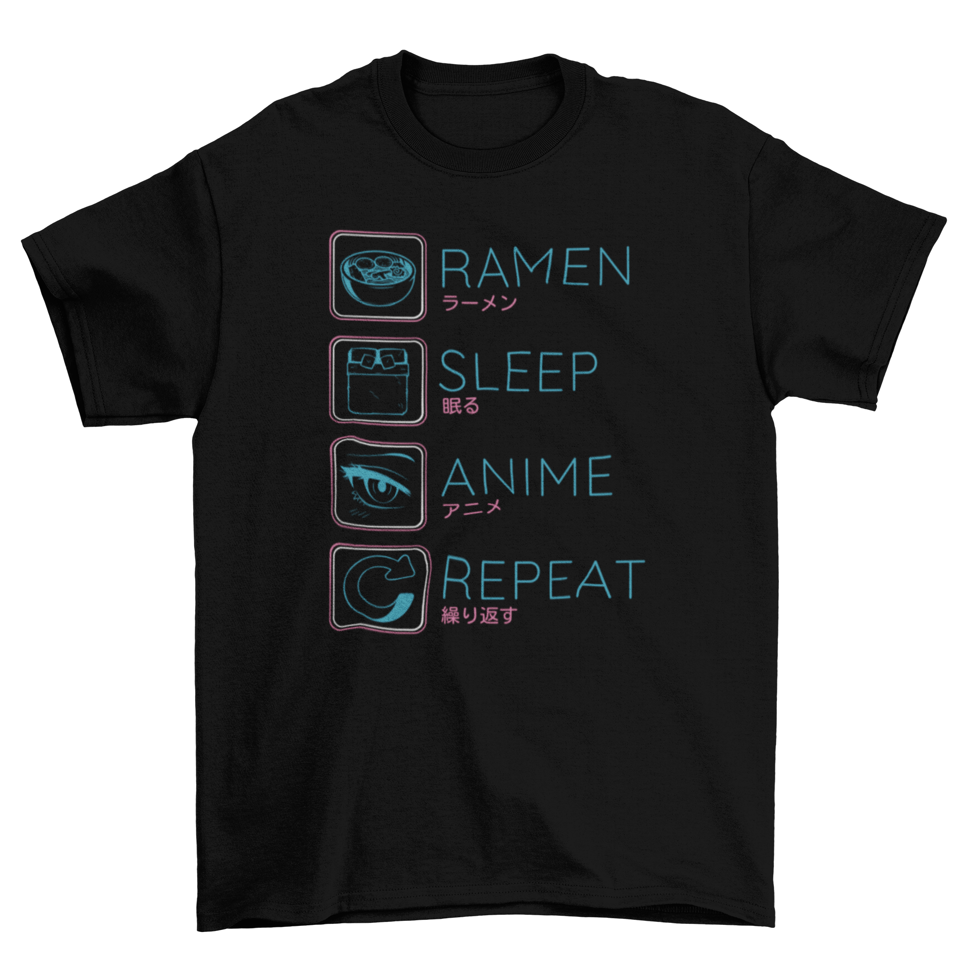 A stylish t-shirt featuring a fun design with the text 'Ramen, sleep, anime, repeat' in vibrant colors.