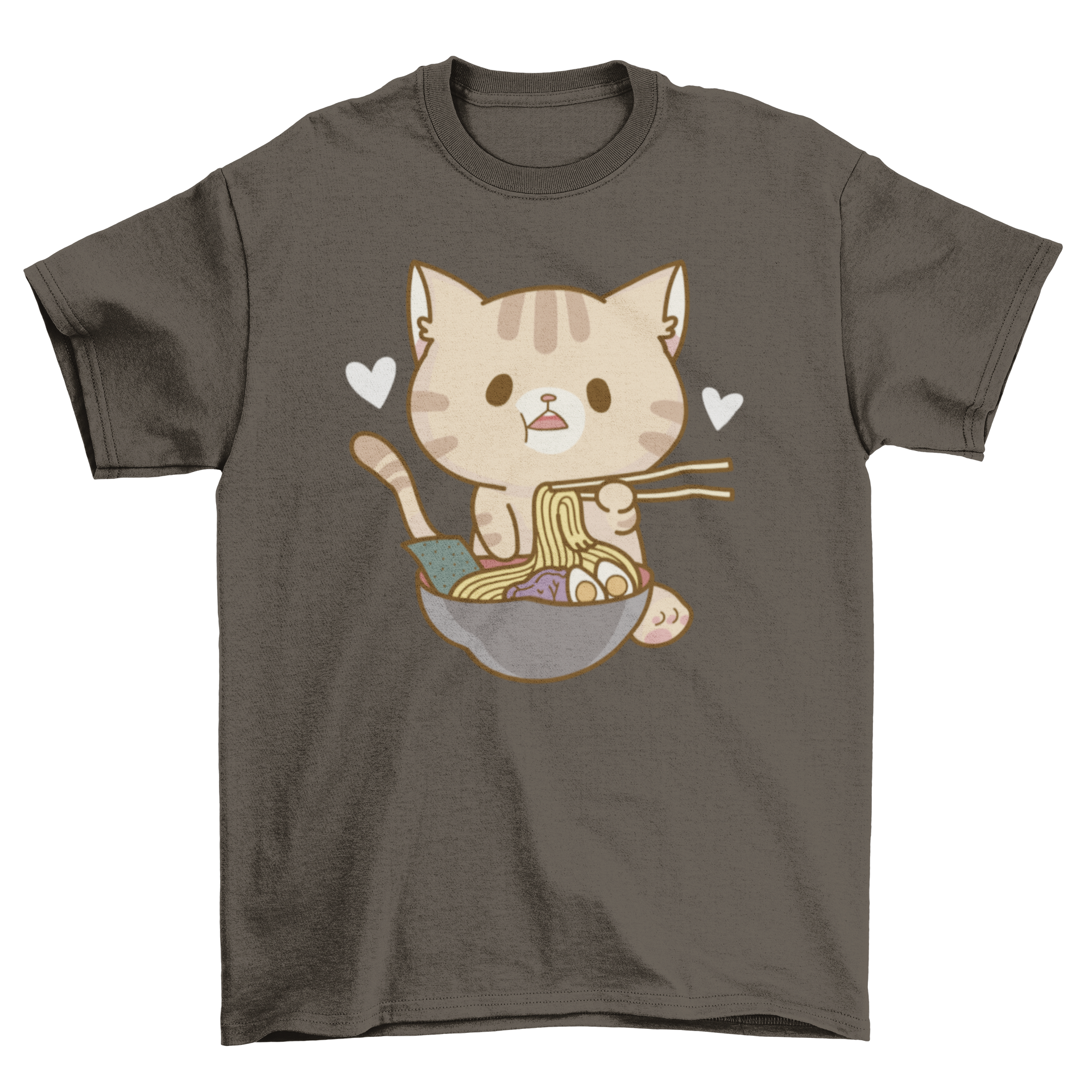 A cute t-shirt featuring a playful kitten eating ramen, showcasing a vibrant and fun design.