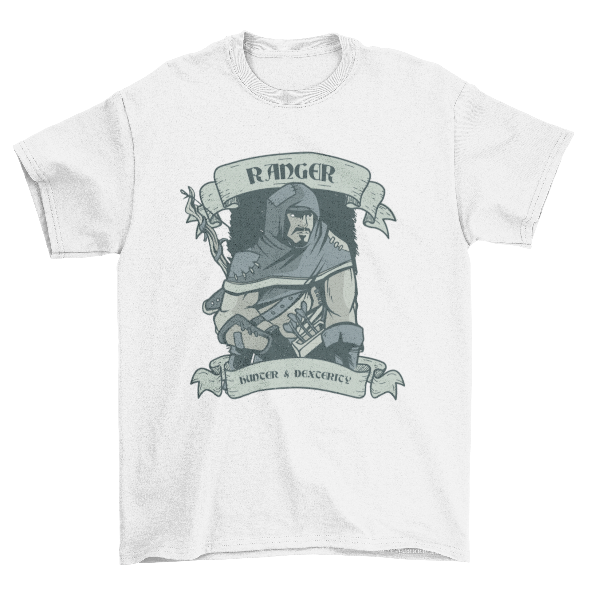 Ranger t-shirt featuring an illustration of a ranger with the caption 'Hunter and dexterity', showcasing outdoor adventure spirit.