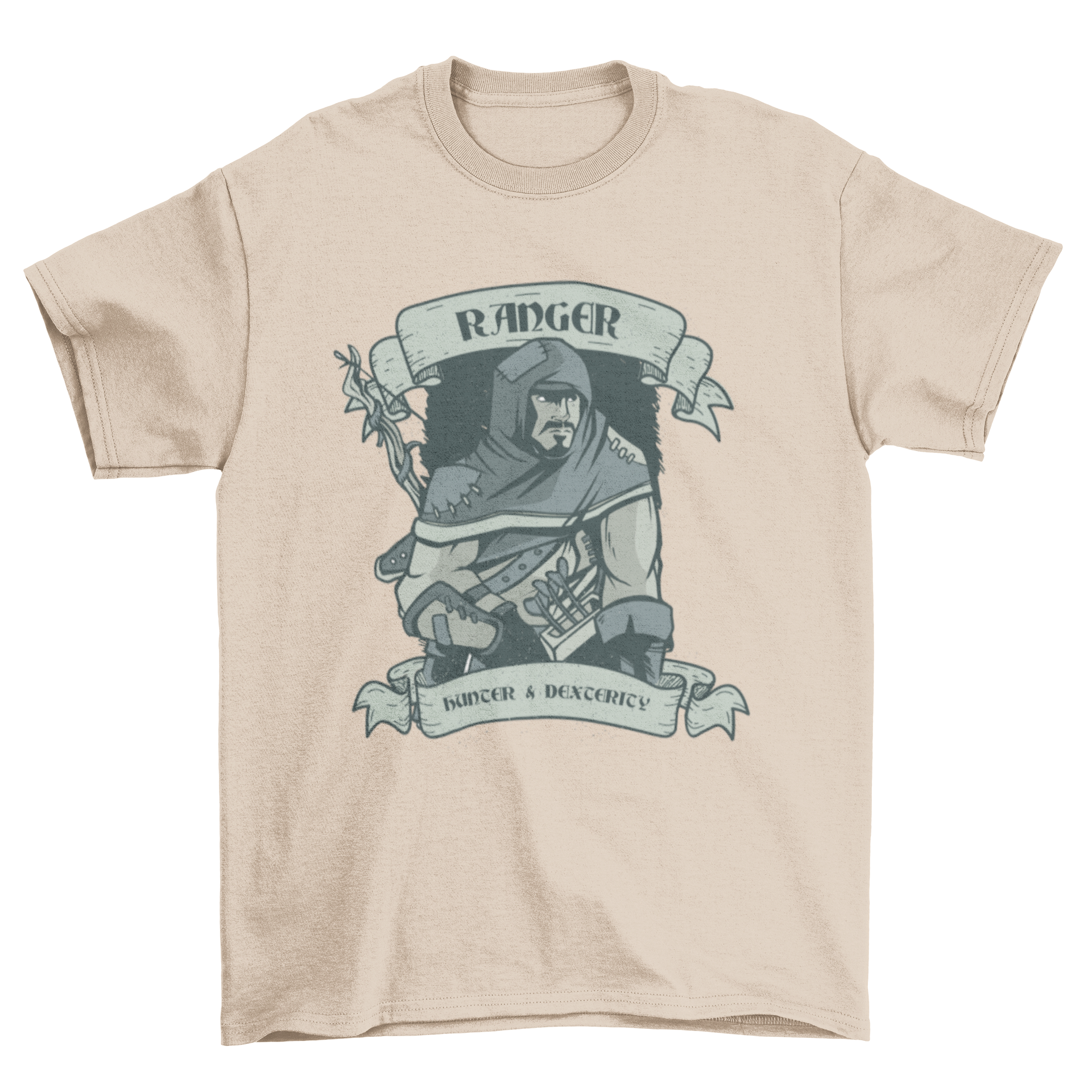 Ranger t-shirt featuring an illustration of a ranger with the caption 'Hunter and dexterity', showcasing outdoor adventure spirit.