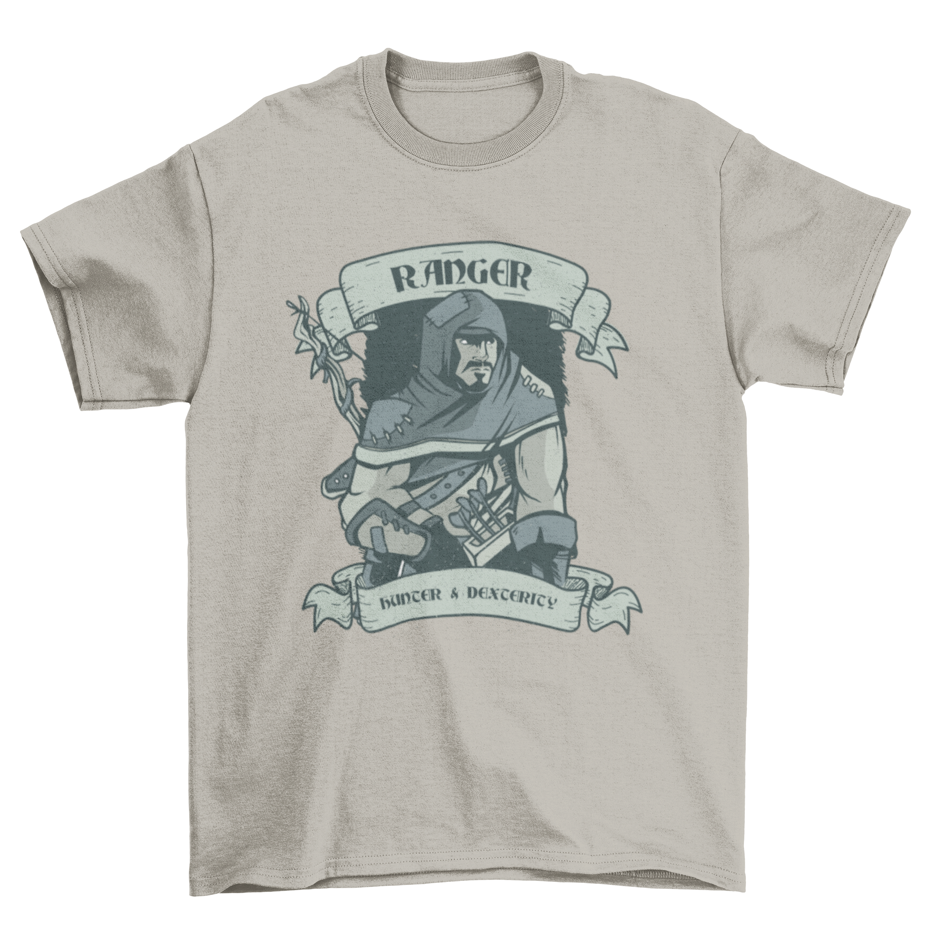 Ranger t-shirt featuring an illustration of a ranger with the caption 'Hunter and dexterity', showcasing outdoor adventure spirit.