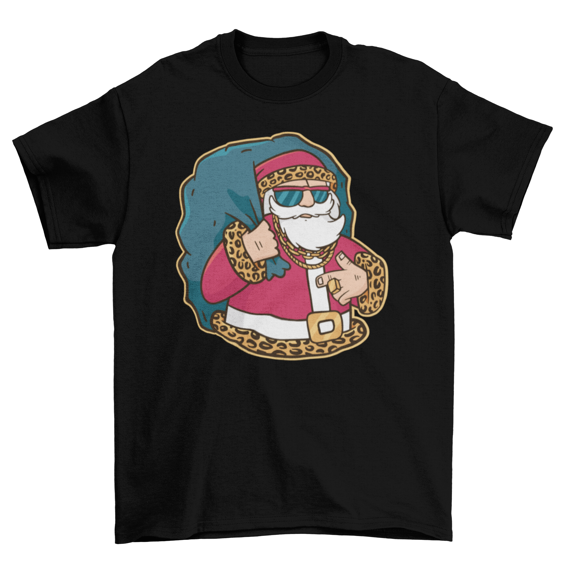 Rapper Santa T-shirt featuring Santa Claus in animal print and sunglasses, perfect for holiday celebrations.