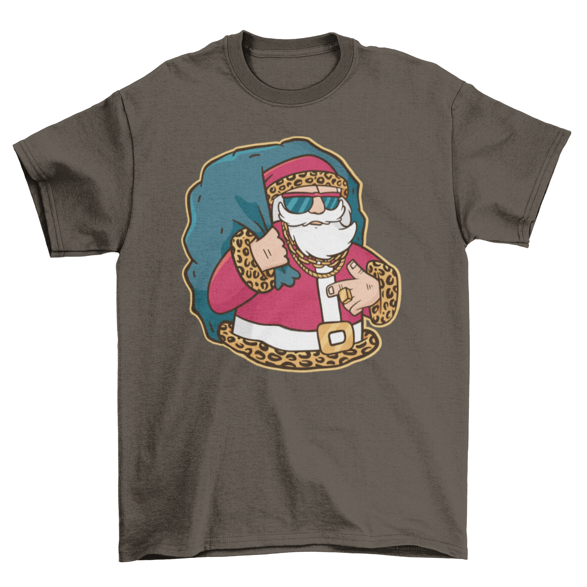 Rapper Santa T-shirt featuring Santa Claus in animal print and sunglasses, perfect for holiday celebrations.