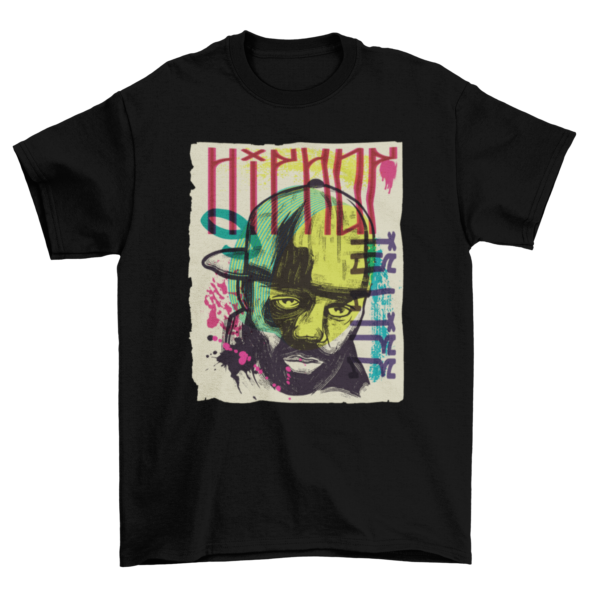 Colorful urban graffiti t-shirt featuring a rapper's portrait and the quote 'Hip hop is life'.