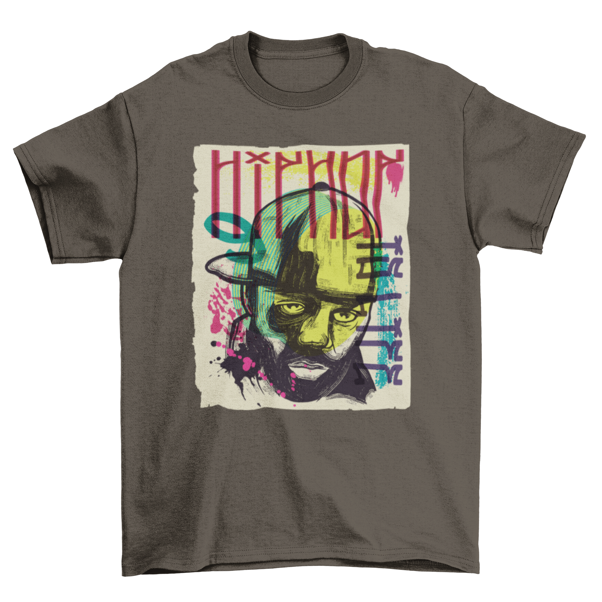 Colorful urban graffiti t-shirt featuring a rapper's portrait and the quote 'Hip hop is life'.