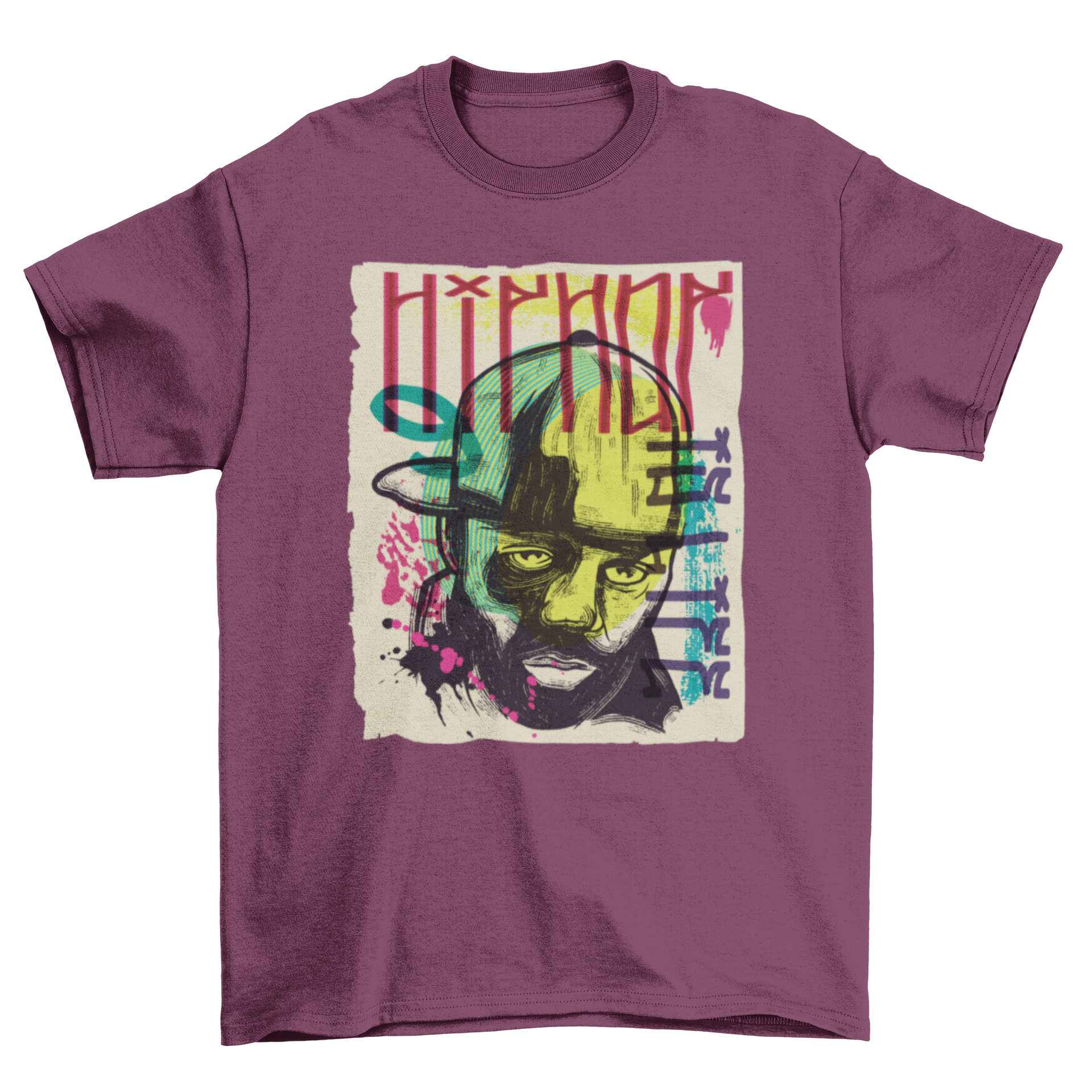 Colorful urban graffiti t-shirt featuring a rapper's portrait and the quote 'Hip hop is life'.