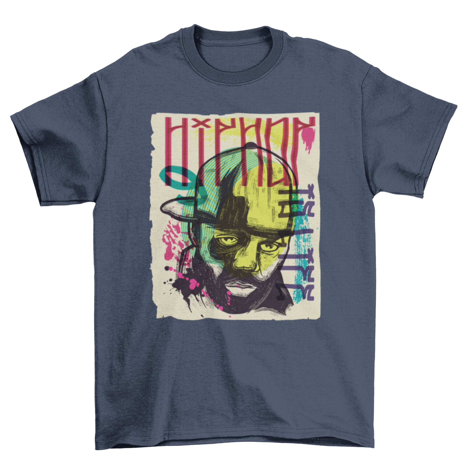 Colorful urban graffiti t-shirt featuring a rapper's portrait and the quote 'Hip hop is life'.