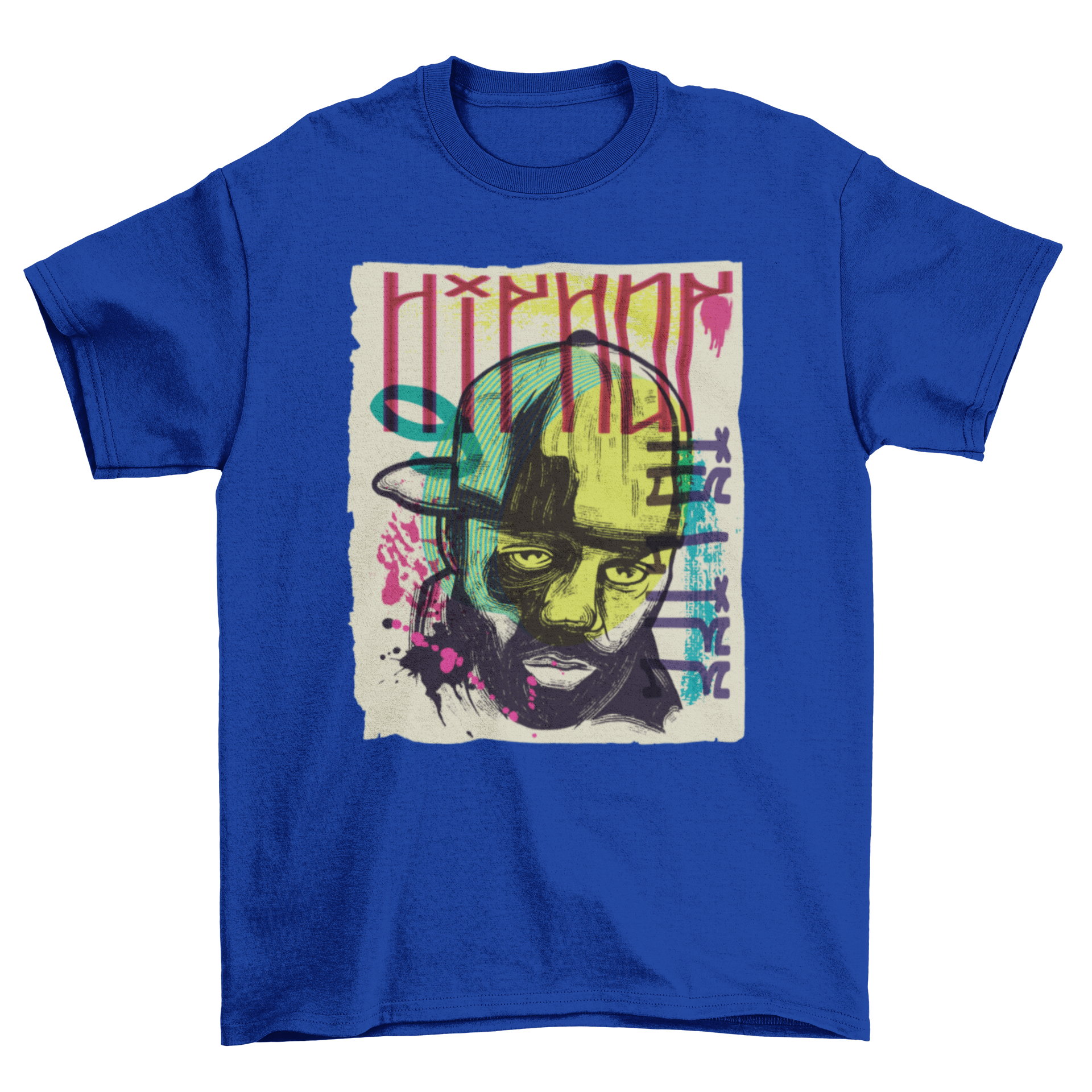 Colorful urban graffiti t-shirt featuring a rapper's portrait and the quote 'Hip hop is life'.