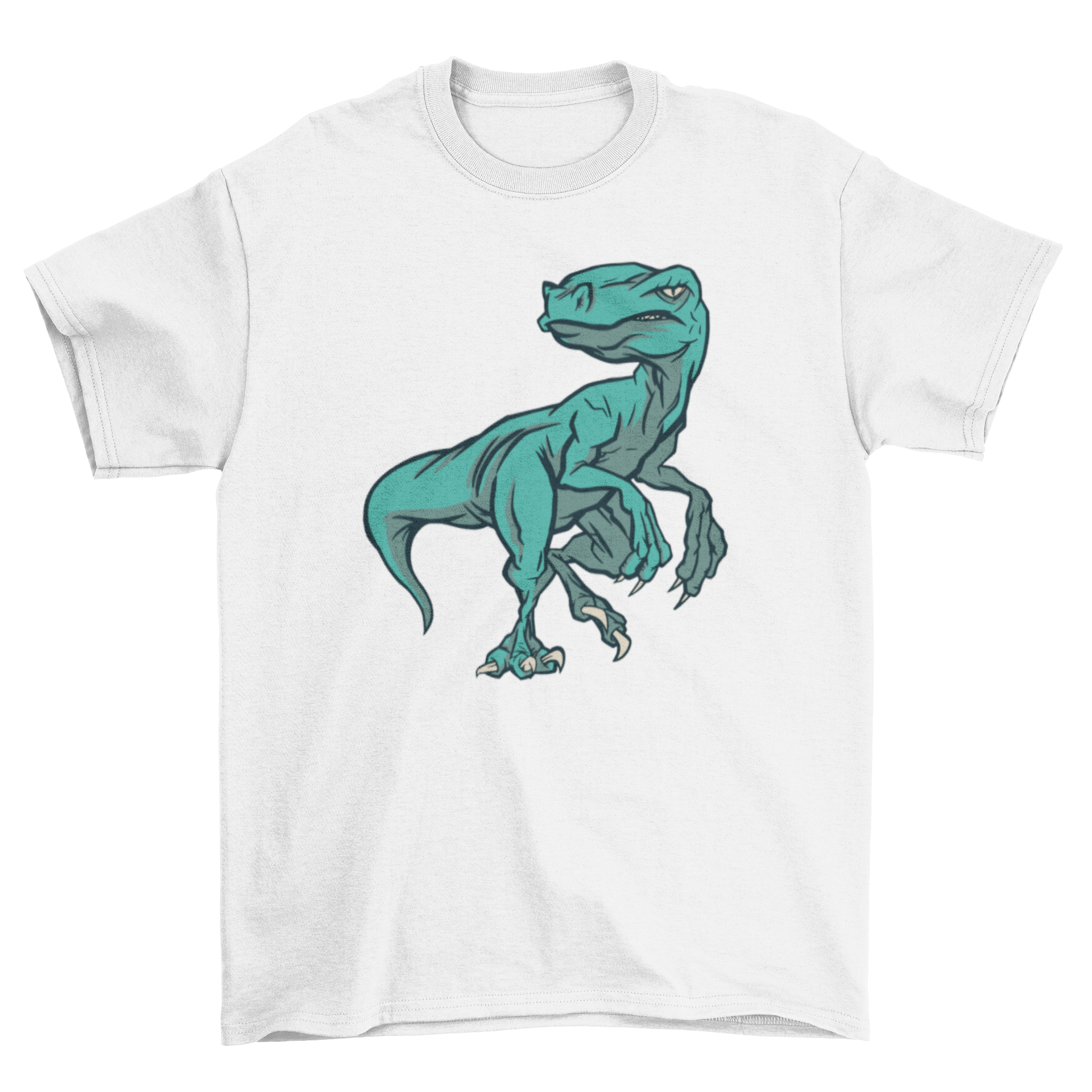 Raptop dinosaur t-shirt featuring a colorful velociraptor illustration on a soft fabric background.