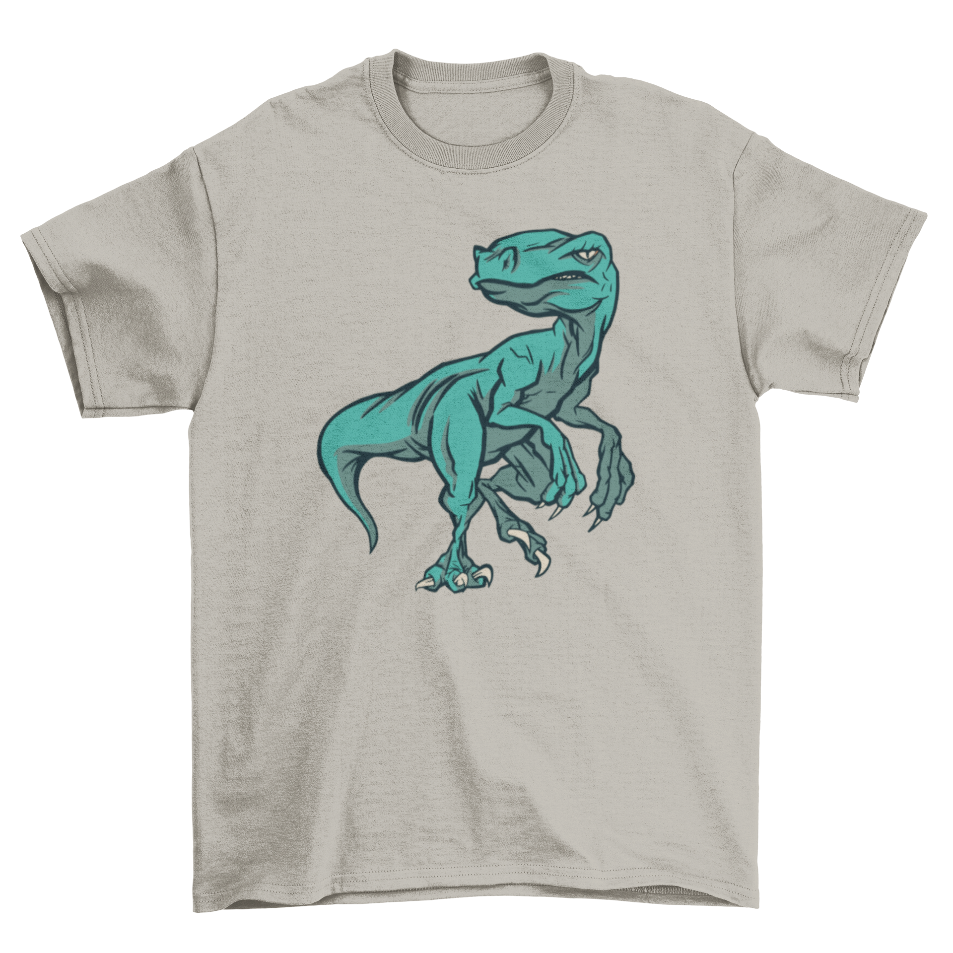 Raptop dinosaur t-shirt featuring a colorful velociraptor illustration on a soft fabric background.