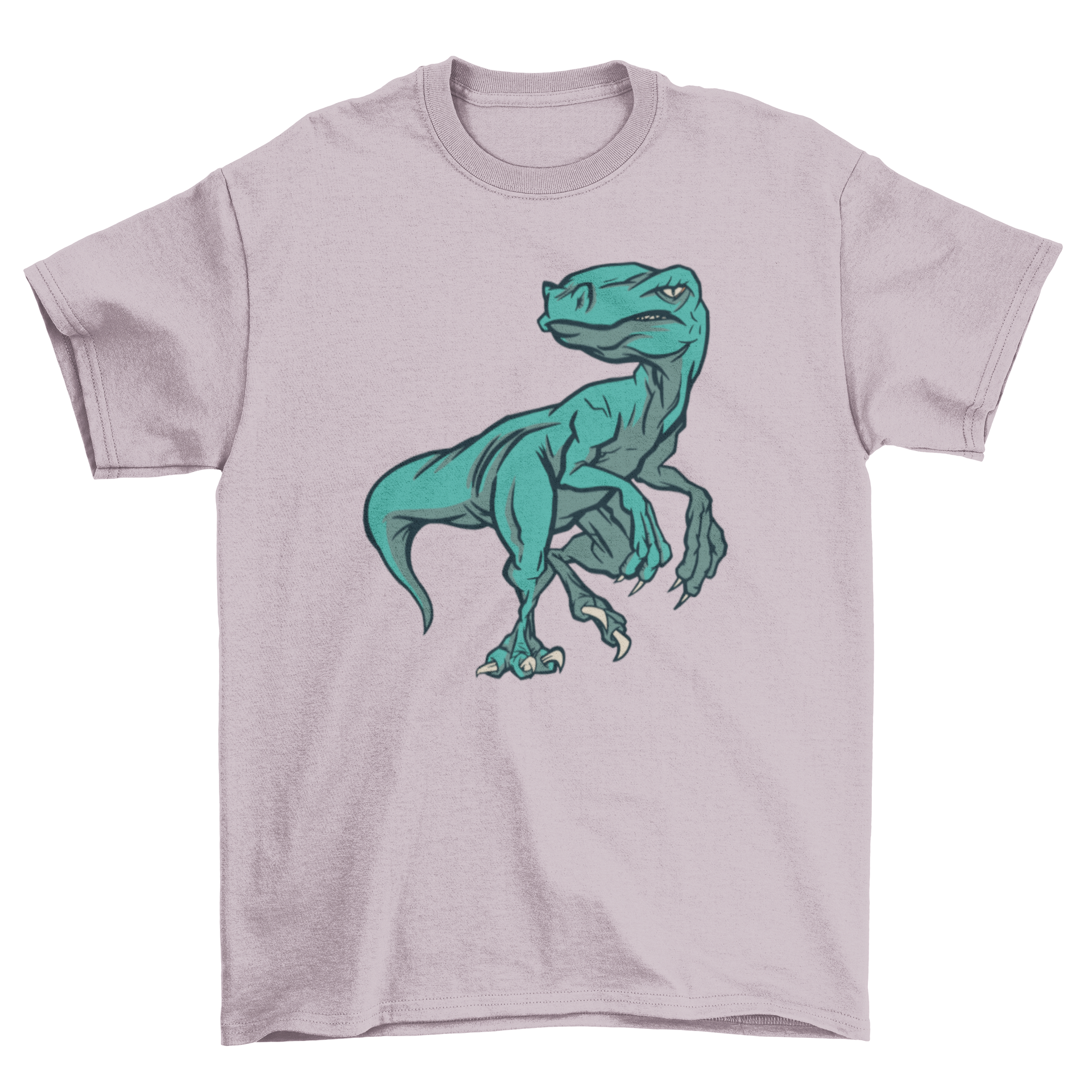 Raptop dinosaur t-shirt featuring a colorful velociraptor illustration on a soft fabric background.