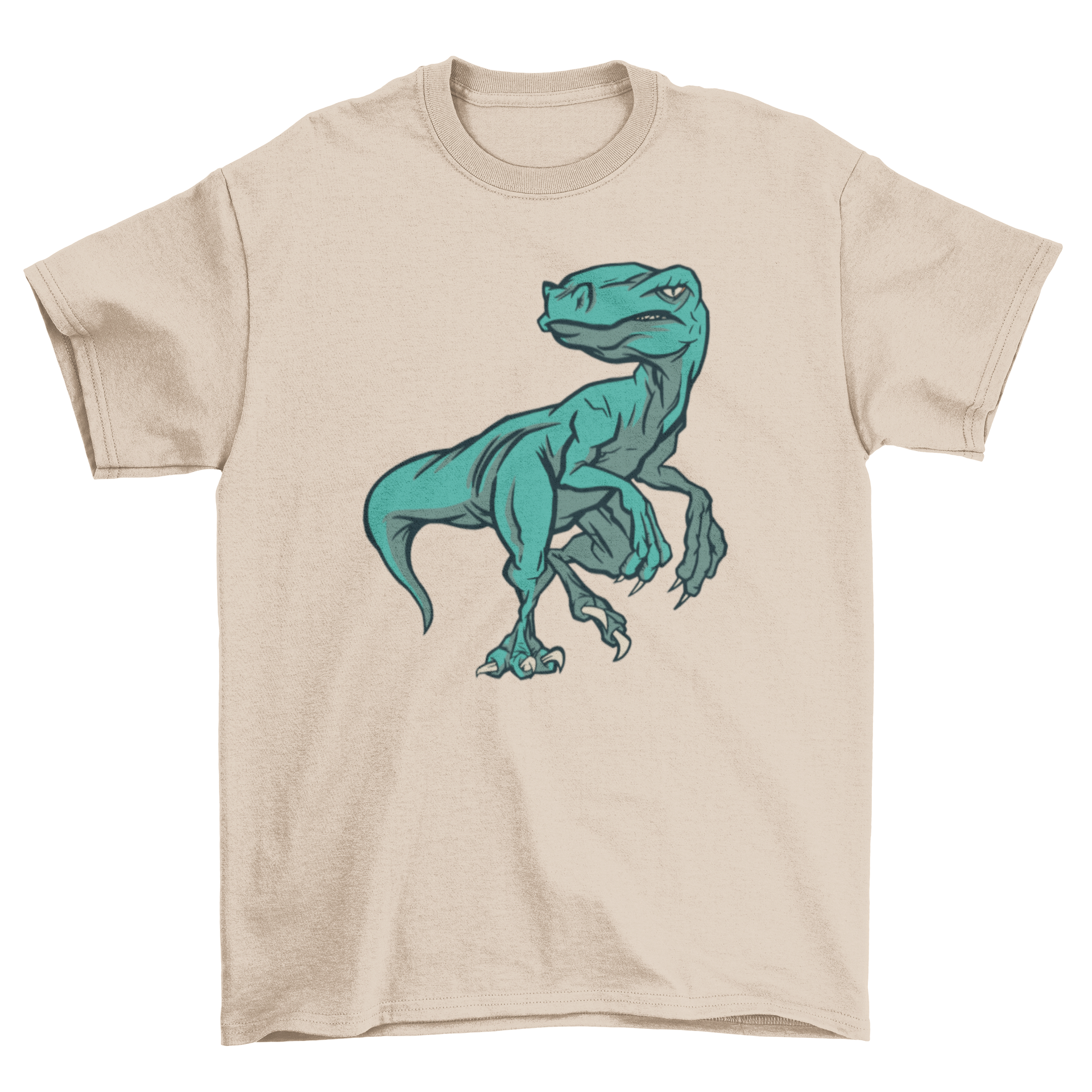 Raptop dinosaur t-shirt featuring a colorful velociraptor illustration on a soft fabric background.