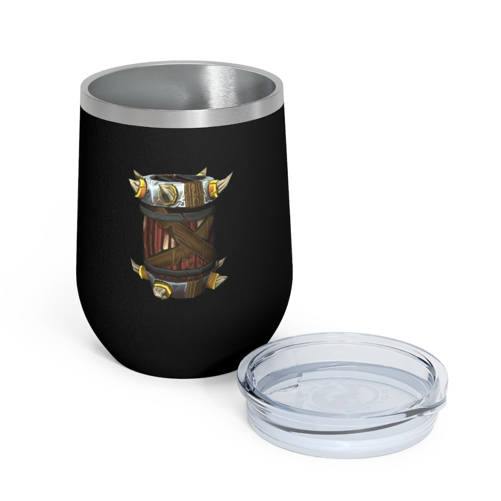 Raptor Barrel 12oz Insulated Wine Tumbler with clear lid, showcasing its sleek stainless steel design and double-wall insulation.