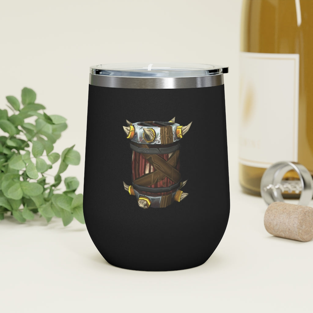 Raptor Barrel 12oz Insulated Wine Tumbler with clear lid, showcasing its sleek stainless steel design and double-wall insulation.