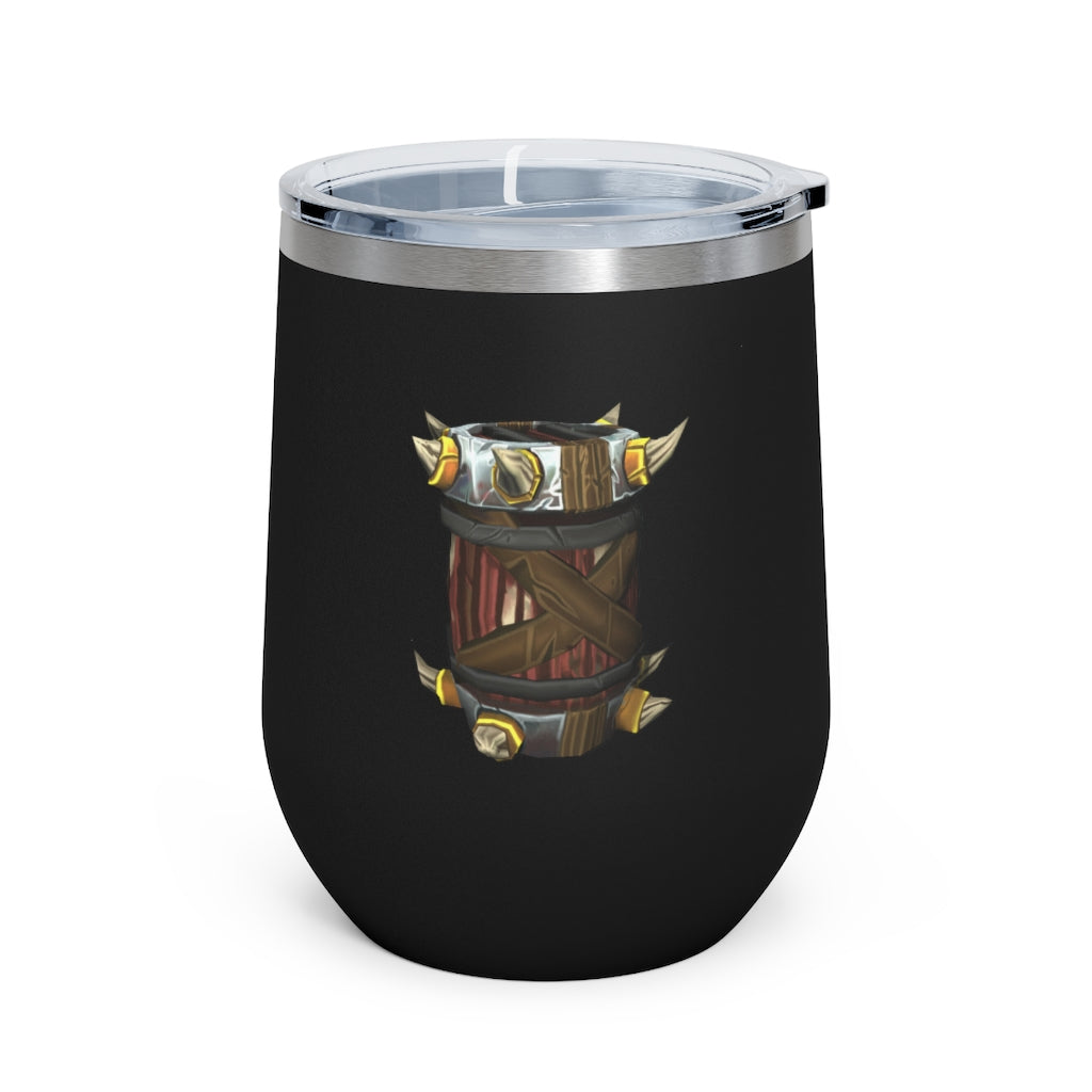 Raptor Barrel 12oz Insulated Wine Tumbler with clear lid, showcasing its sleek stainless steel design and double-wall insulation.